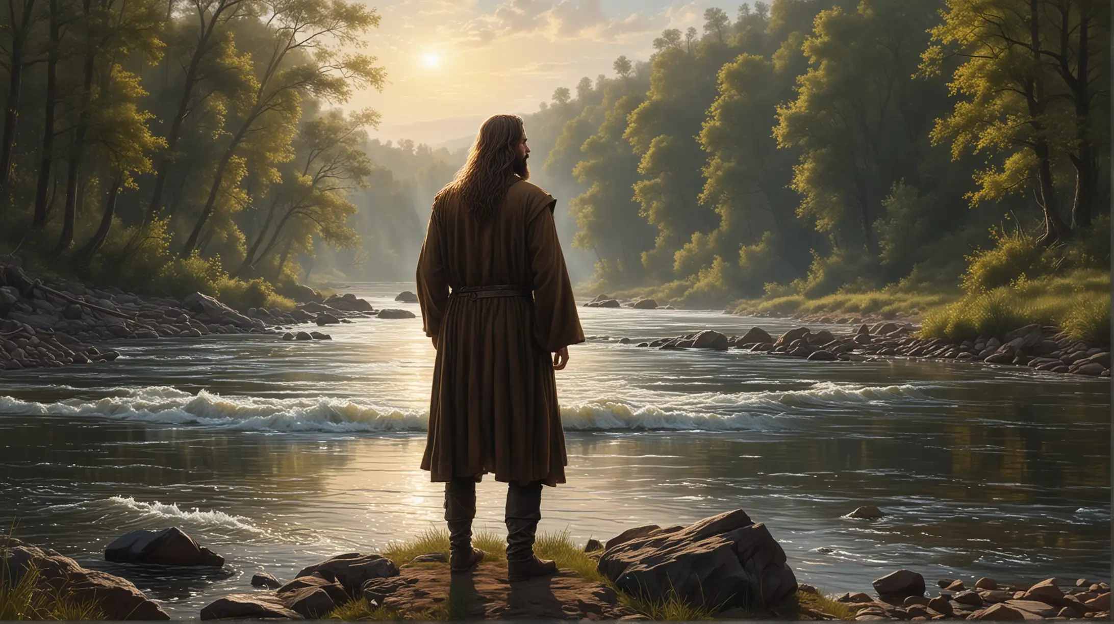 a painting of a man with long hair and beard standing in front of a river, daniel, male art, prophetic art, by Emanuel Büchel, by Roman Bezpalkiv, inspired by David Macbeth Sutherland, michael ancel, michael, biblical art style, by Andrzej Wróblewski, tolkien and michael komarck, biblical art, ismail, dark
