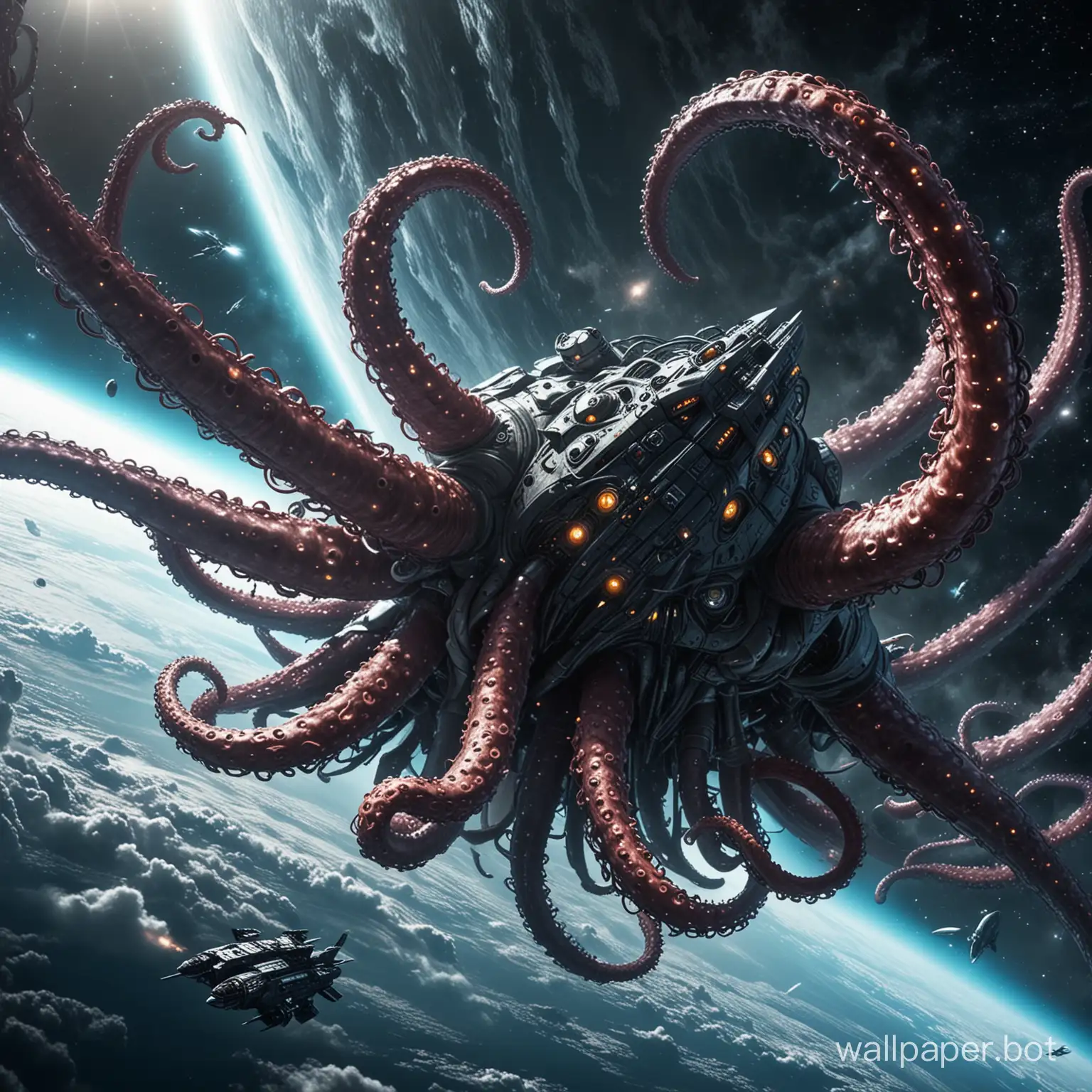 giant sci-fi alient tentacle monster attacking a spaceship in space