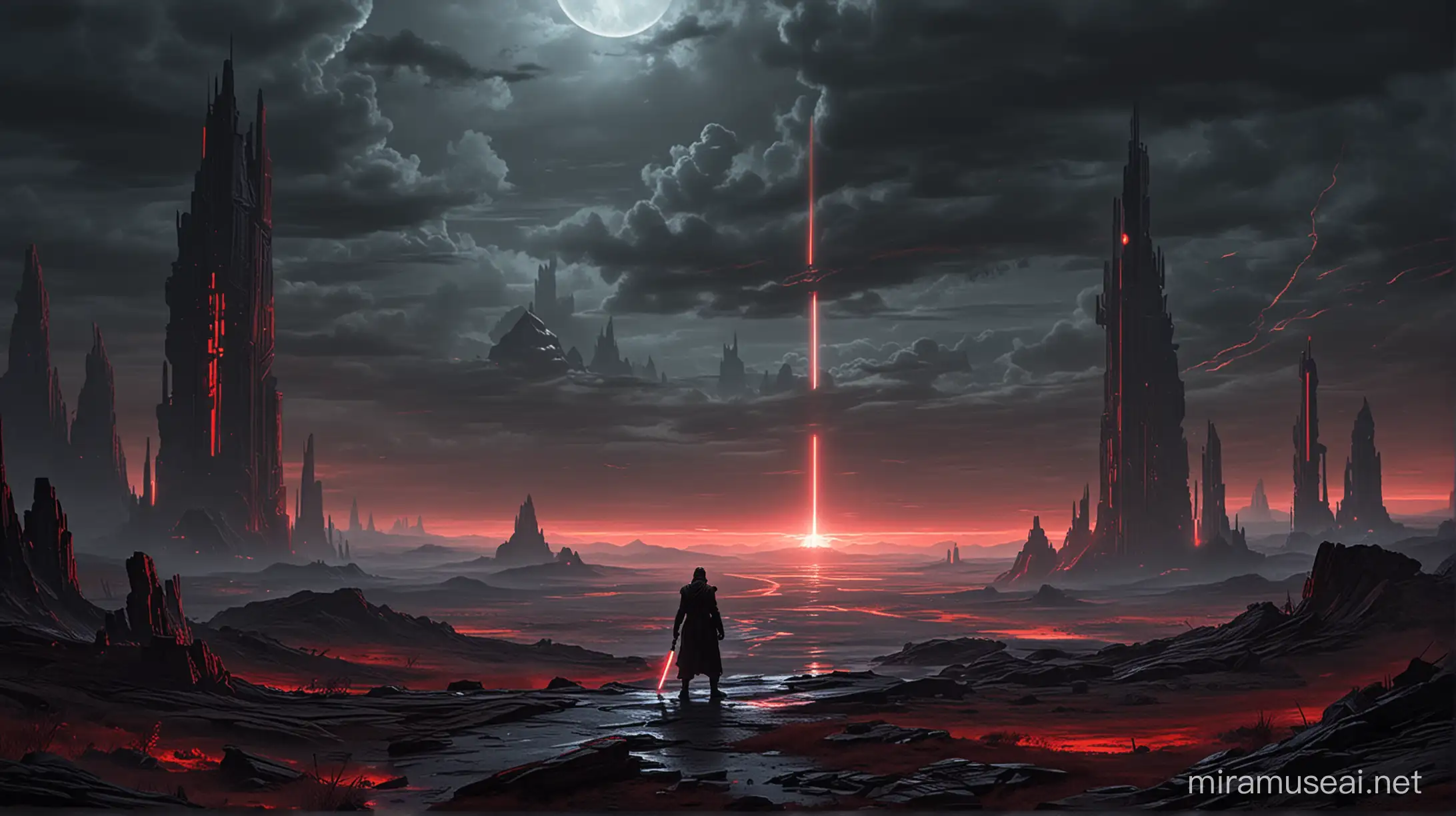 Jedi ténébreux, paysage post-apocaliptyque, temple sith au loin, sabre-laser rouge