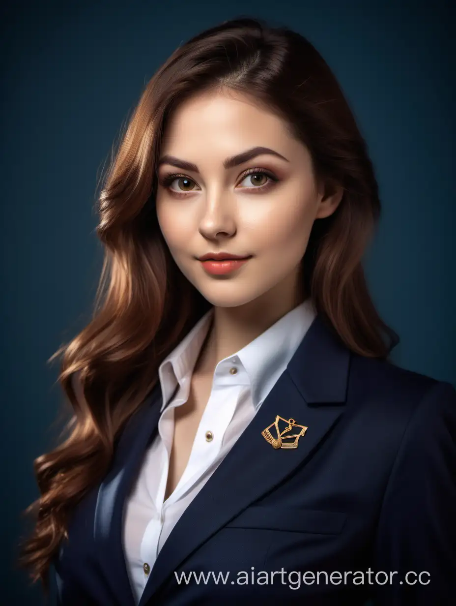 A charming girl of 30 years old in a dark blue business suit, a white shirt, the buttons are unbuttoned so that large and beautiful breasts are visible in the neckline, size D. Thin, straight nose. Plump lips. On the lapel of the jacket there is a small, barely noticeable badge with Masonic symbols. Fox eyes with long eyelashes. Eye color is brown. The face is very beautiful with a small, dark mole above the lip!. The hair is long, wavy, brown. The girl is a leader, this can be seen from her gaze, but nevertheless she is cheerful. Photo for publication on a social network on an avatar. Background is light. Apparently a work office. Angle -3/4. The effects should look as realistic as possible, possibly with minor defects, and not like after Photoshop!