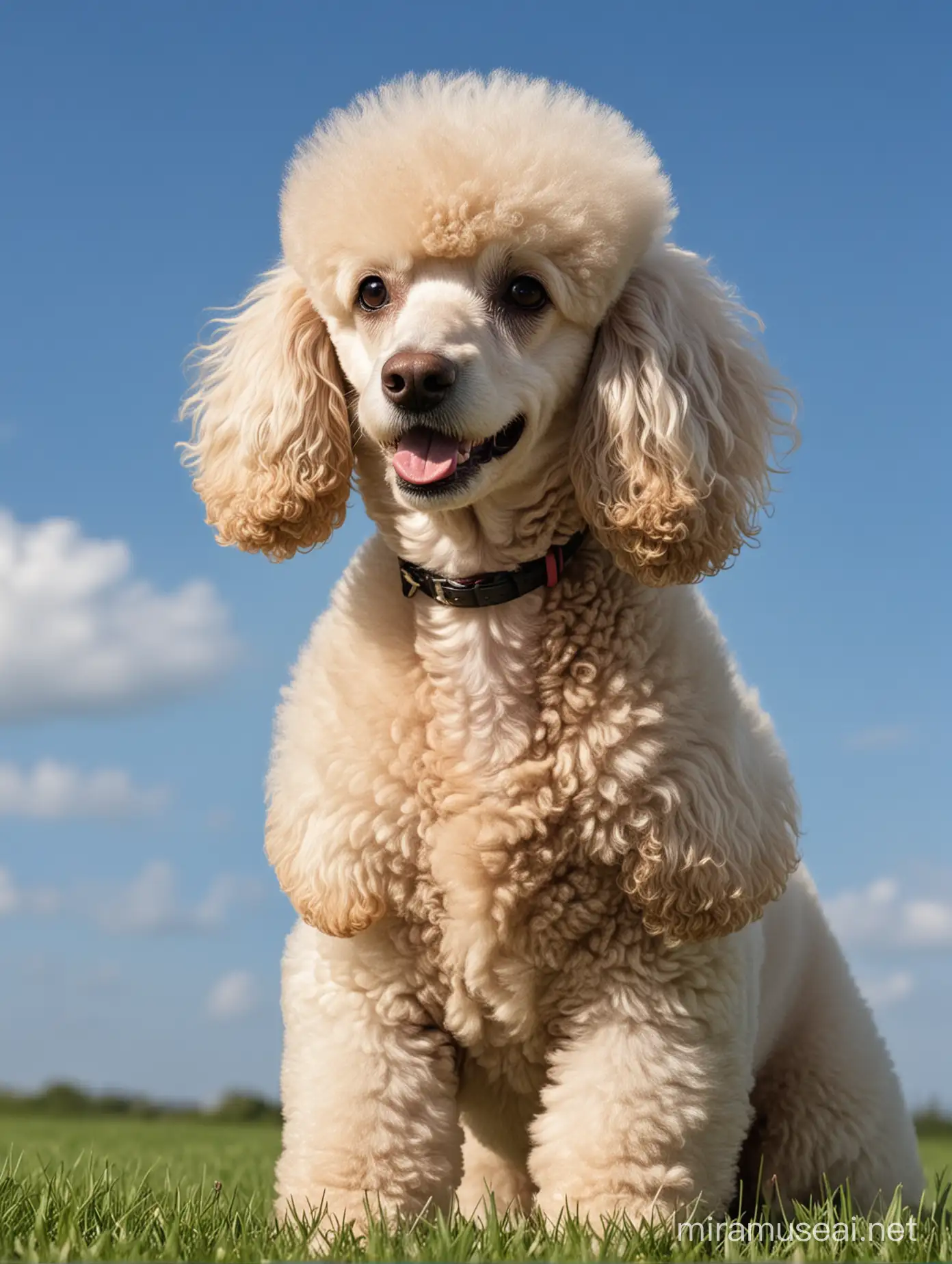 Poodle dog, the background is grass and a blue sky