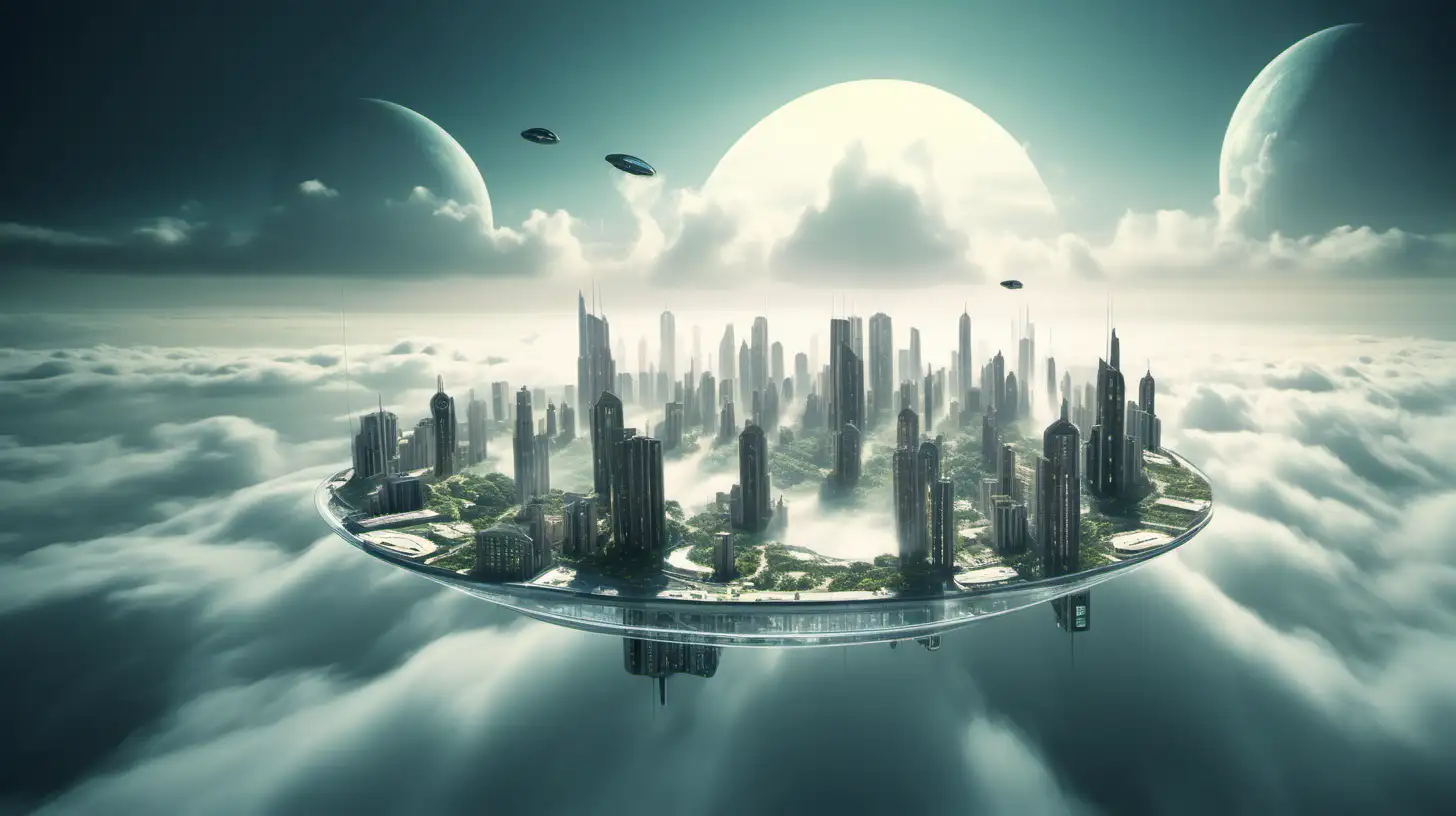 futuristic city floating in the clouds