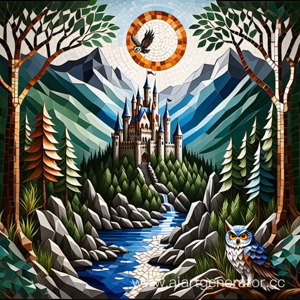 Мозаичные узоры картина: замок в горах, внизу озеро, лес, скалы, сова на дереве, волк в кустах. 