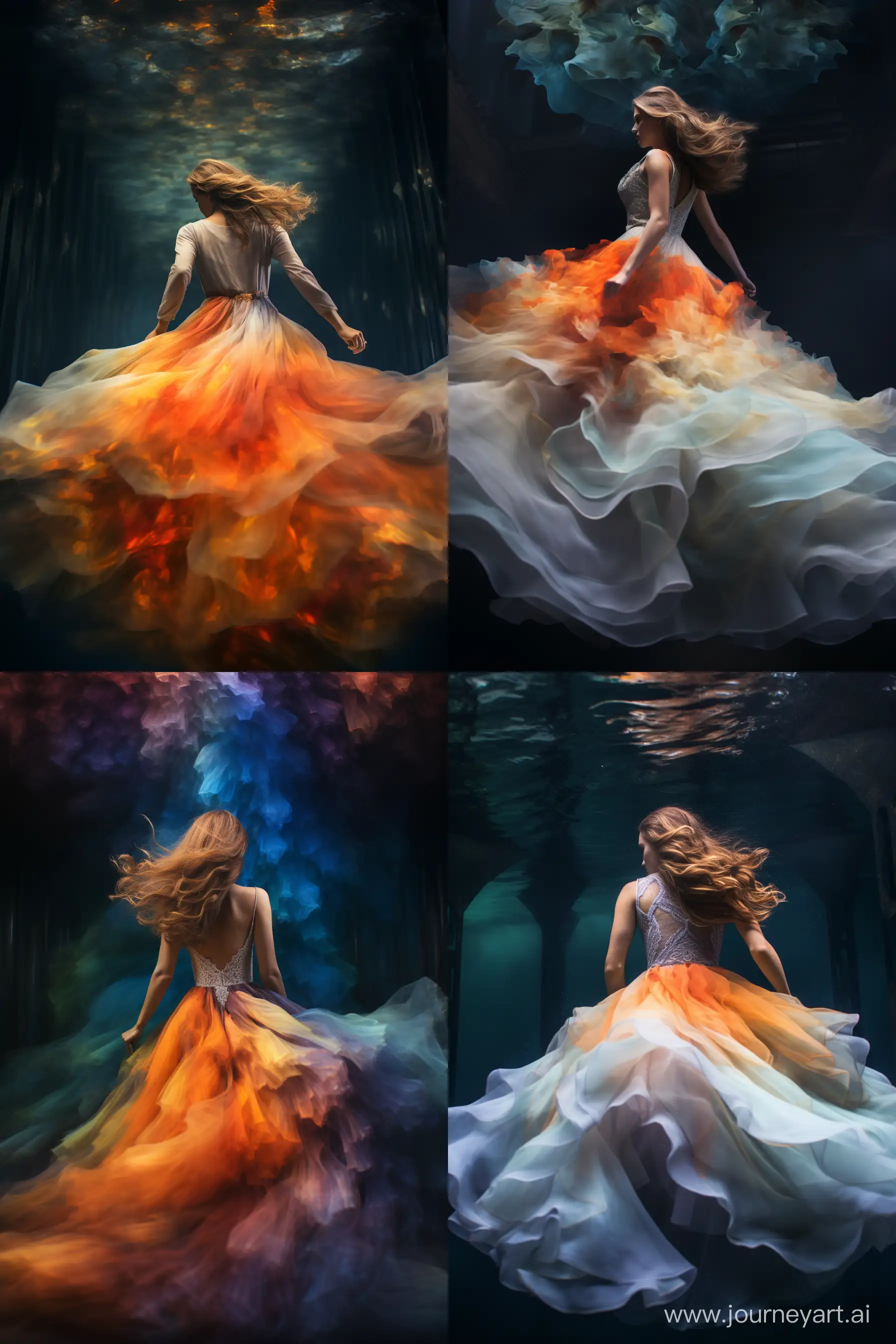 photorealistic underwater shot of the backside of a woman swimming to the surface of murky water wearing a thin white gown with a very long train. the train mimics a cloud of very bright vibrant multi colored smoke trailing behind her. the smoke dress contrasts with the color of the dark water, accurate anatomy, long flowy hair. symmetry, color grading, 70mm, 2.5D, vibrant colors --ar 2:3