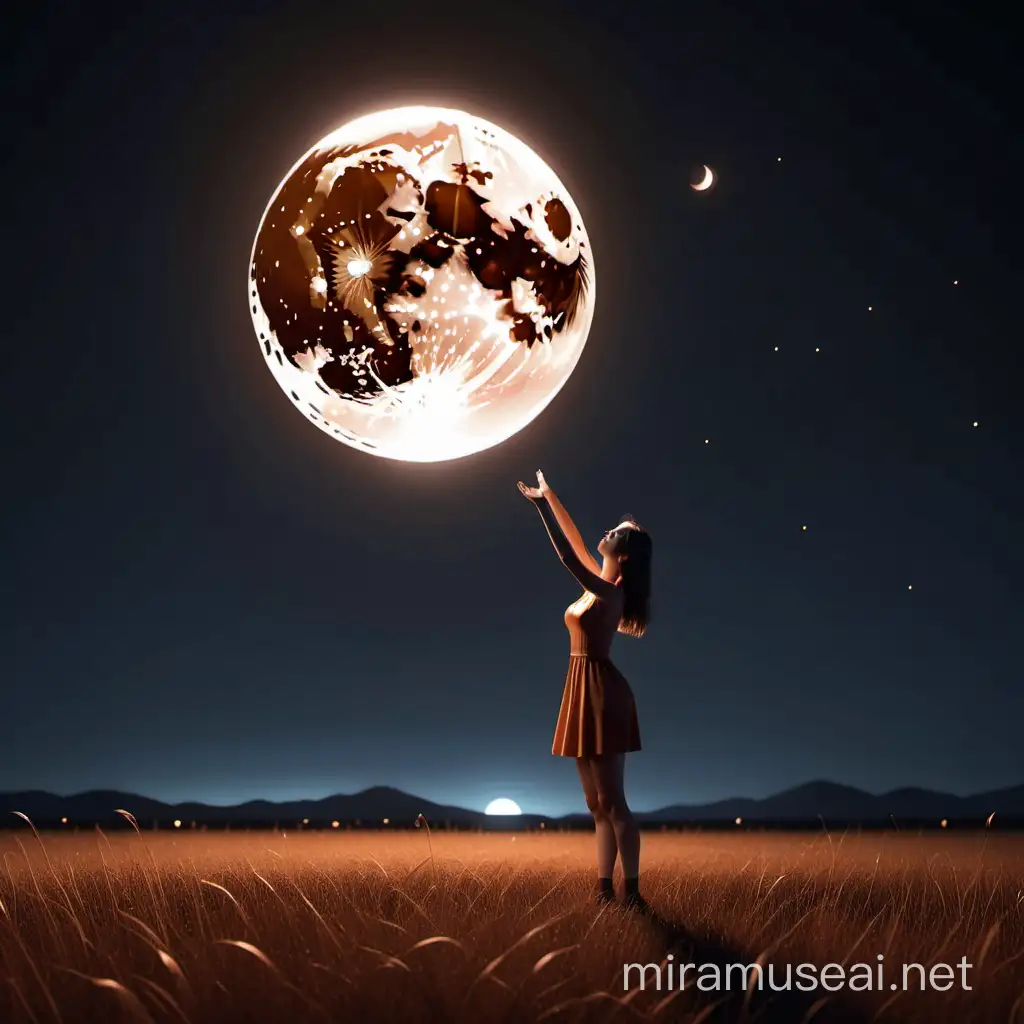 3d 8k minimal realstic illustrator mininal woman catching the brown moon at the midnight 