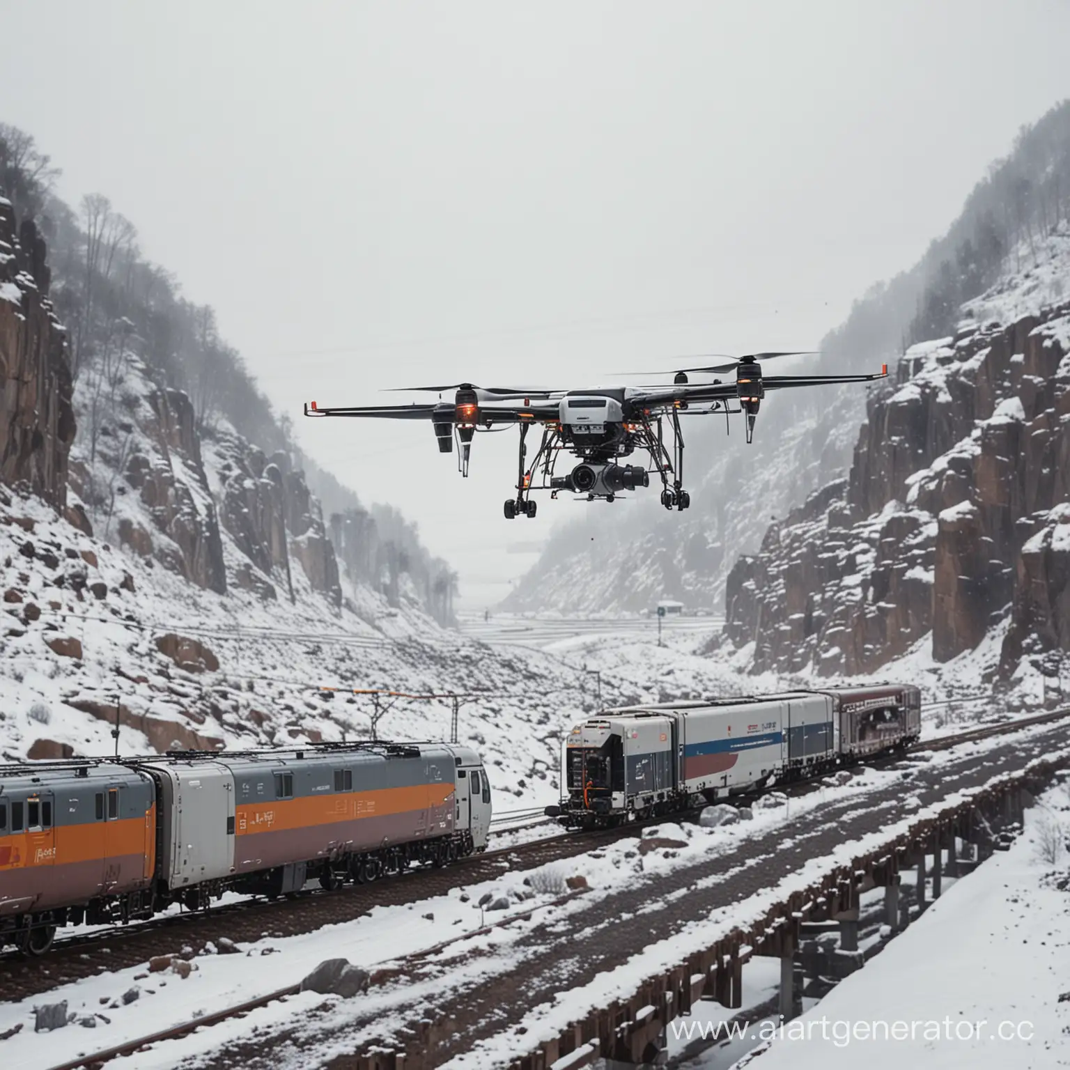 HighSpeed-Train-and-Cargo-Drone-Over-Snowy-Railway-with-Laboratory-Test-Tubes