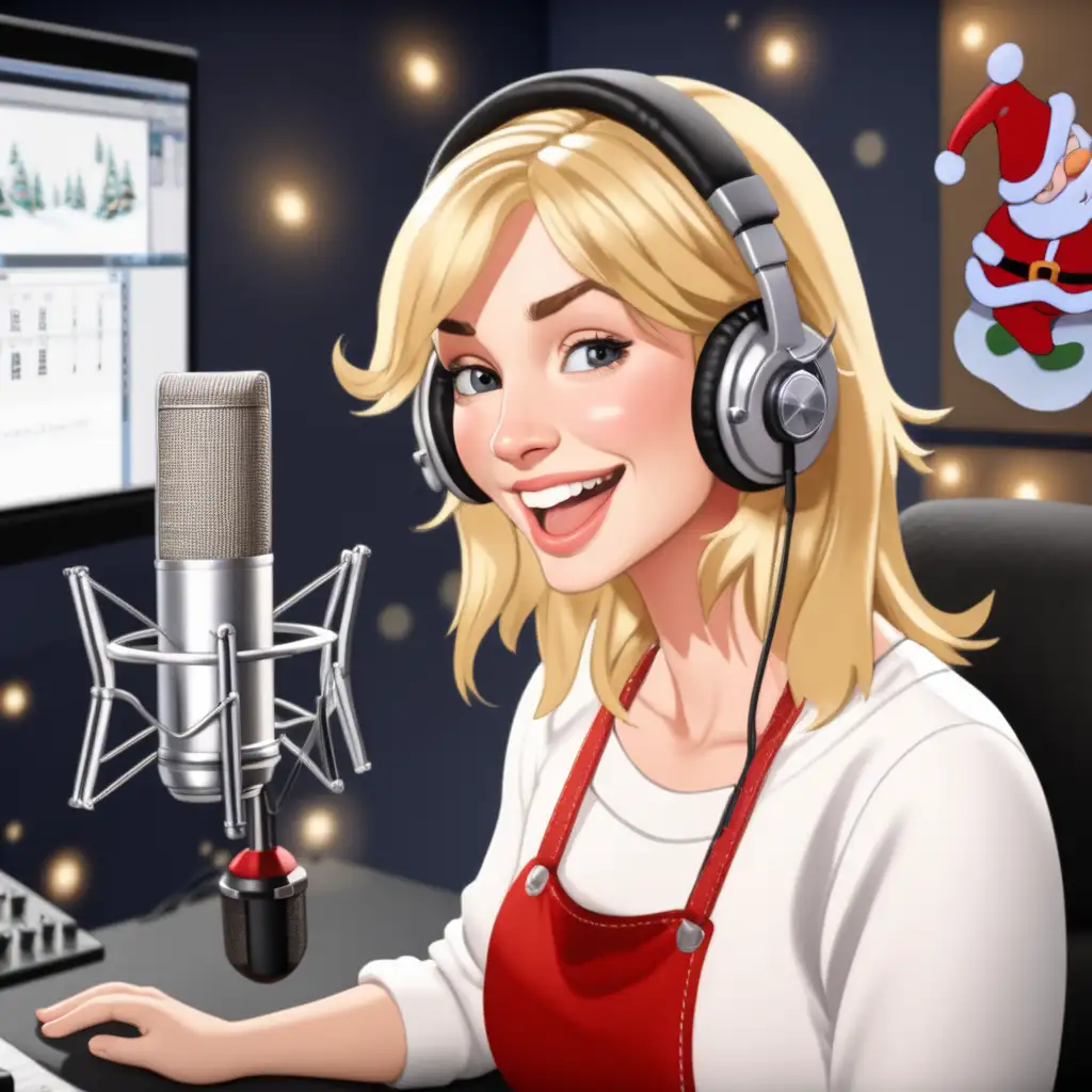 Blonde female voice actor sending Christmas greetings from her lovely recording studio