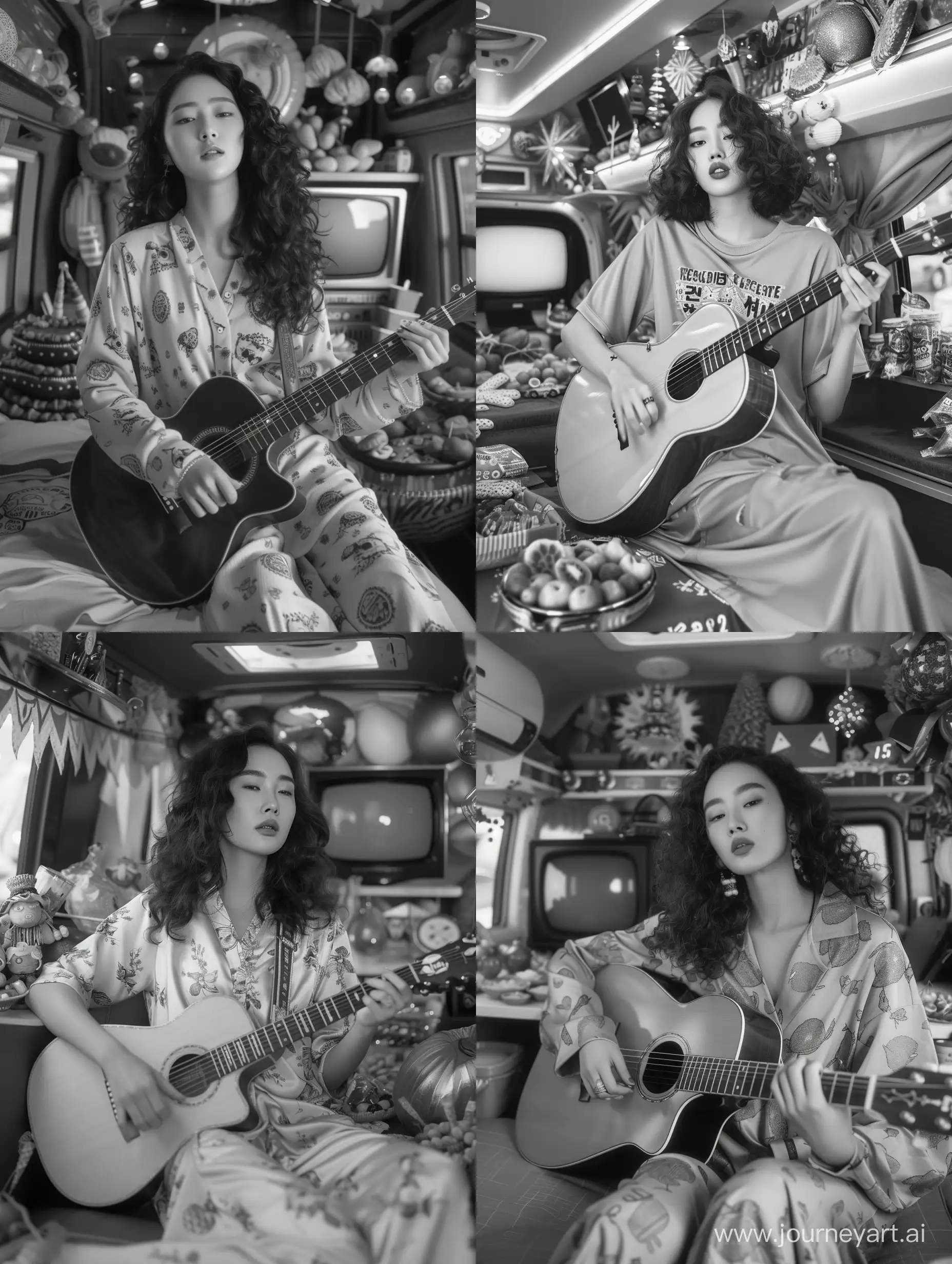 Young-Korean-Woman-Playing-Guitar-in-Luxury-Van-with-Snacks-and-Fruits