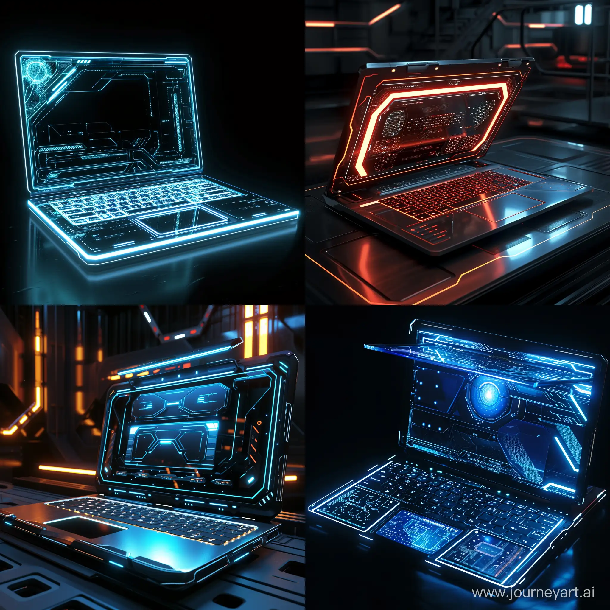 Futuristic laptop, LED or liquid OLED lighting and backlight, in cinematic style