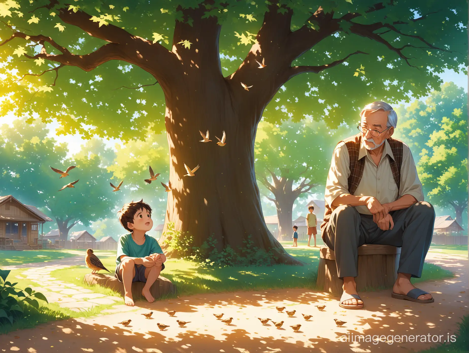 In the backyard of a cozy house nestled in a small village, a young boy and an old grandfather sat under the shade of a big oak tree, the boy's eager expression reflecting his curiosity as he listened to the grandfather's stories. The dappled sunlight danced through the leaves, casting intricate patterns on the ground, while birds chirped melodiously in the background.