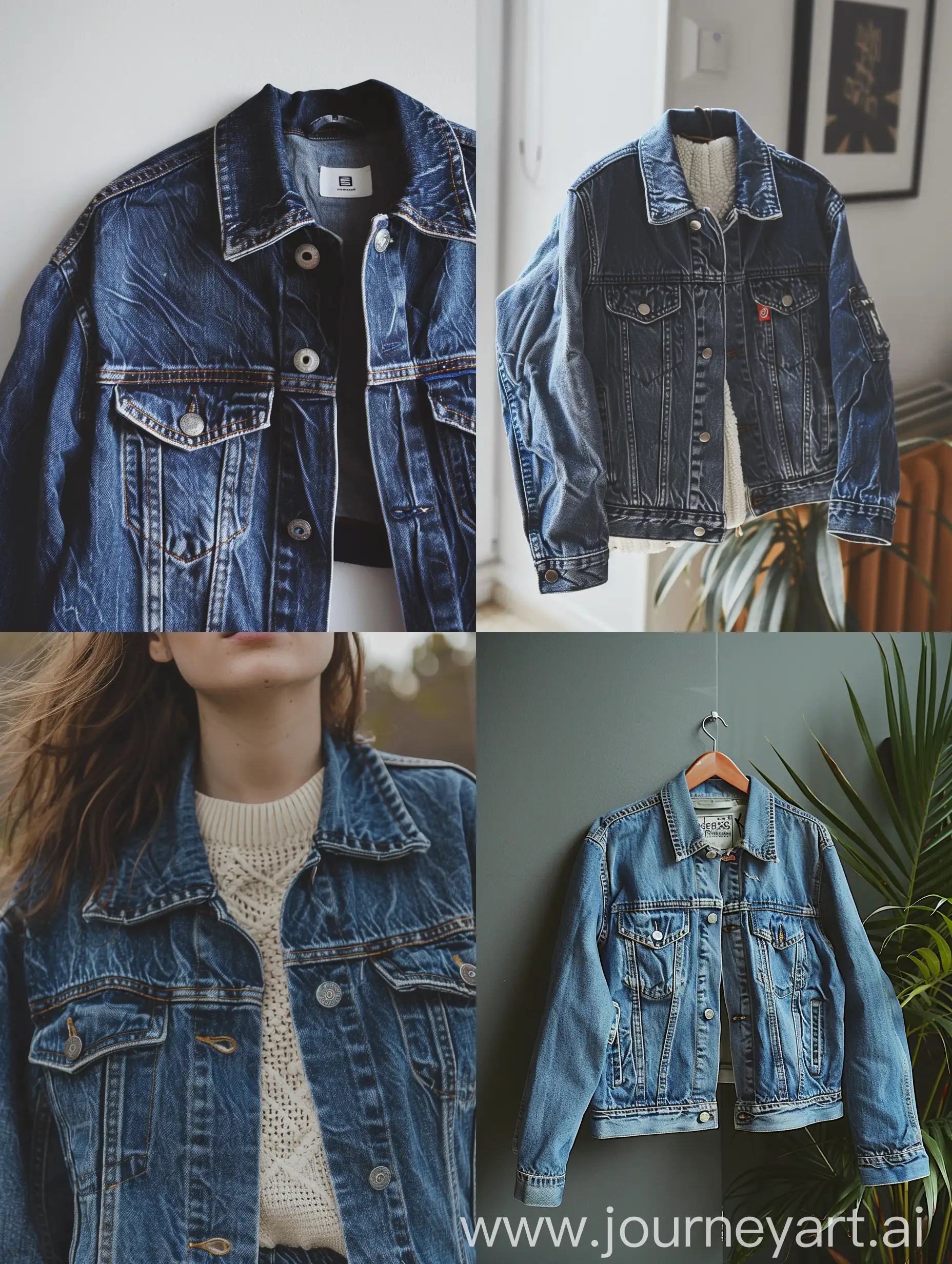 Blue denim jacket, 1980s aethetic, repopularised, fashionable, refurbished, cosy, 1980's mood, 1980's cosiness, modern 1980s