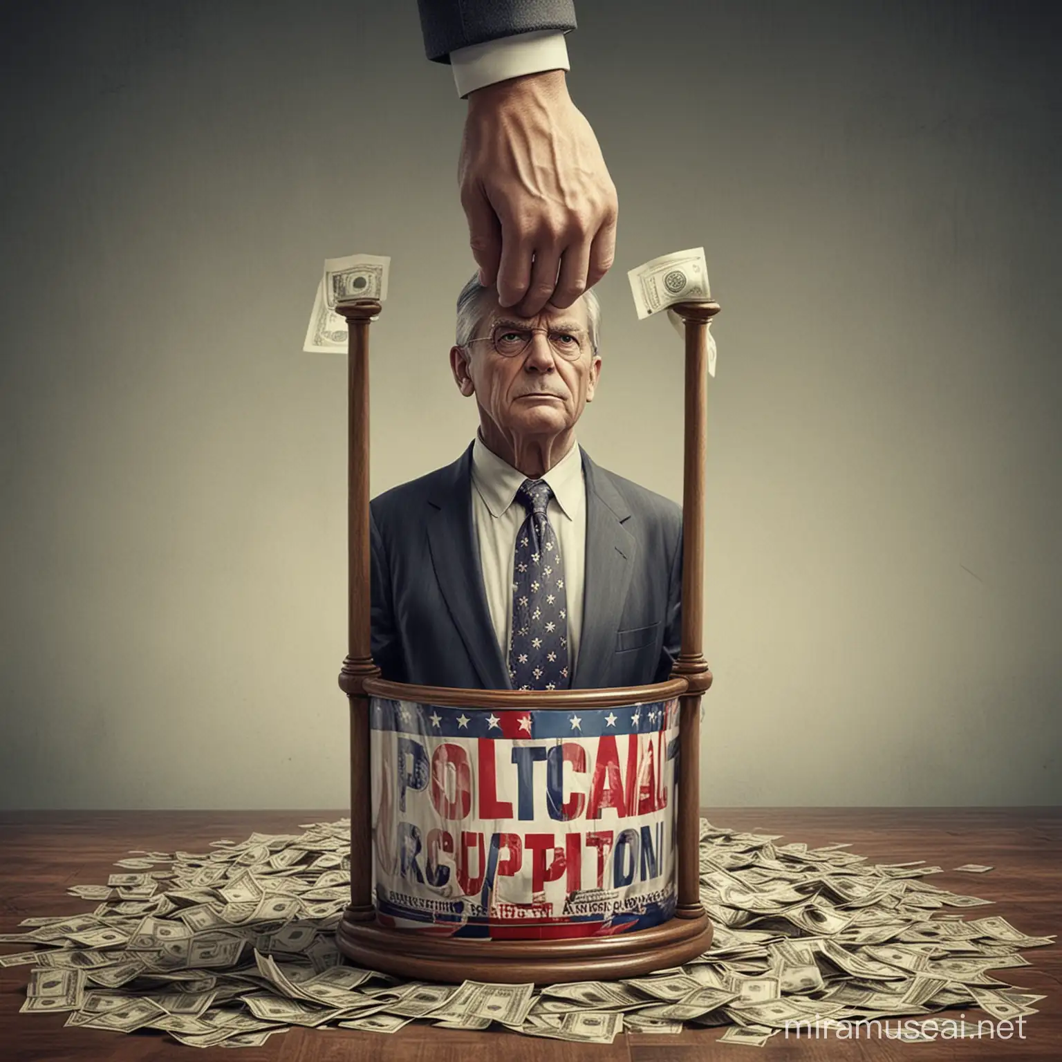 Generate an image that represents the concept of "political corruption" in a symbolic or literal way.