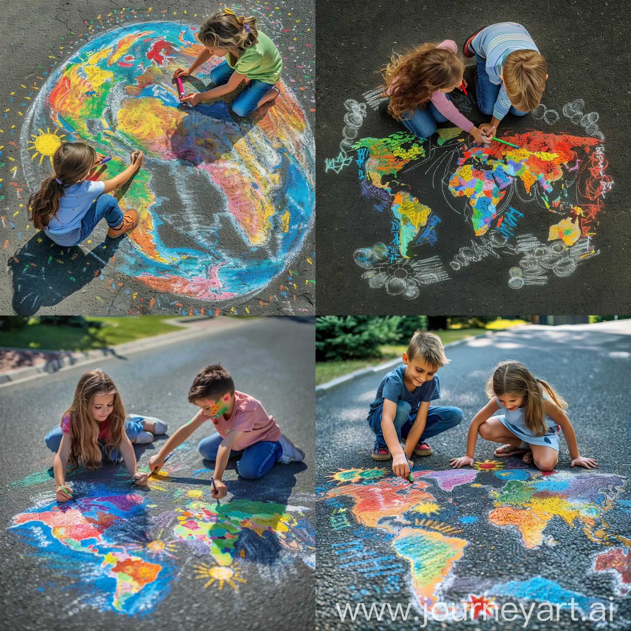Мальчик и девочка рисуют цветными мелками рисунки на асфальте о мире, о солнце, о дружбе народов, ясный летний день, фотография, гиперреализм, высокое разрешение