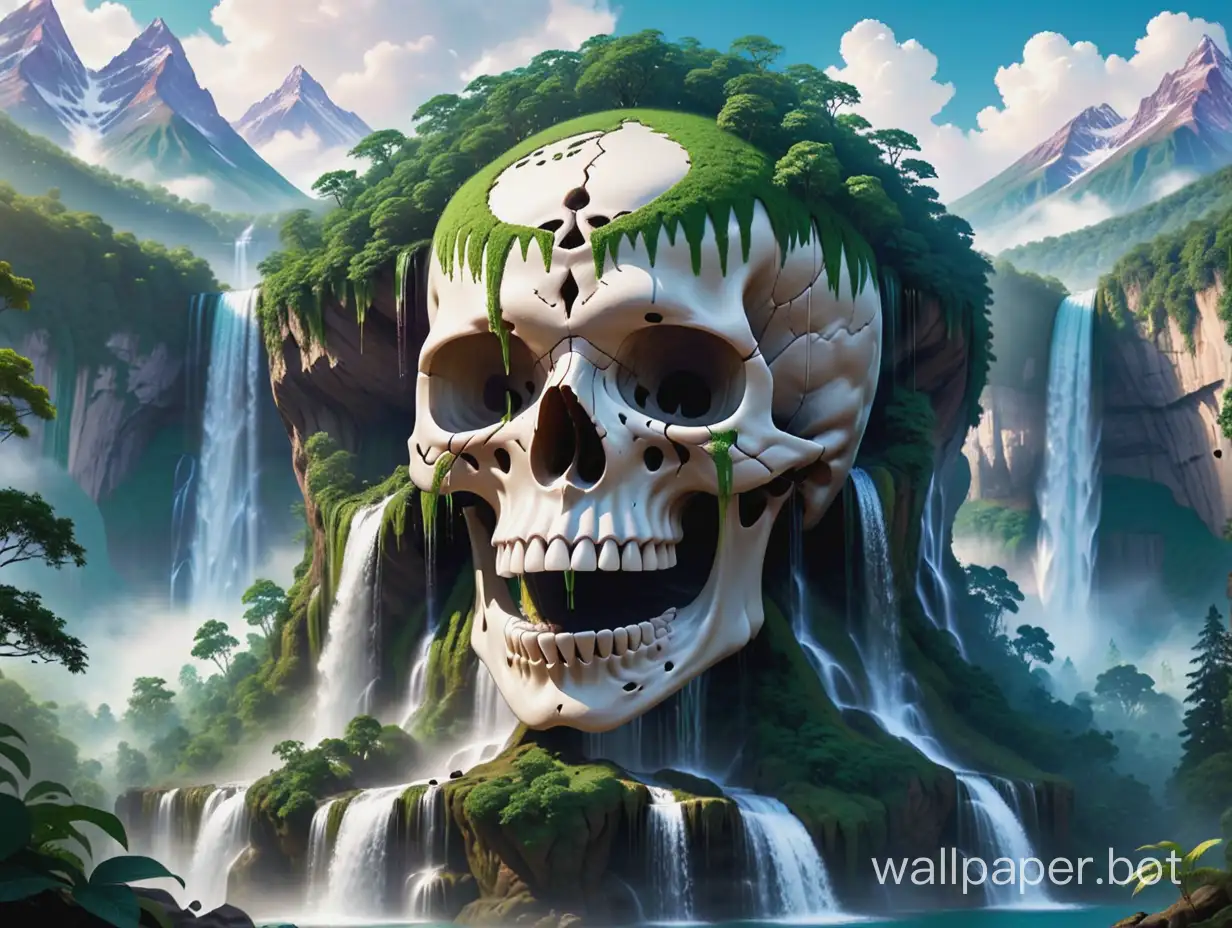 A mountain shaped like a skull covered in trees with waterfalls coming out of the eye sockets