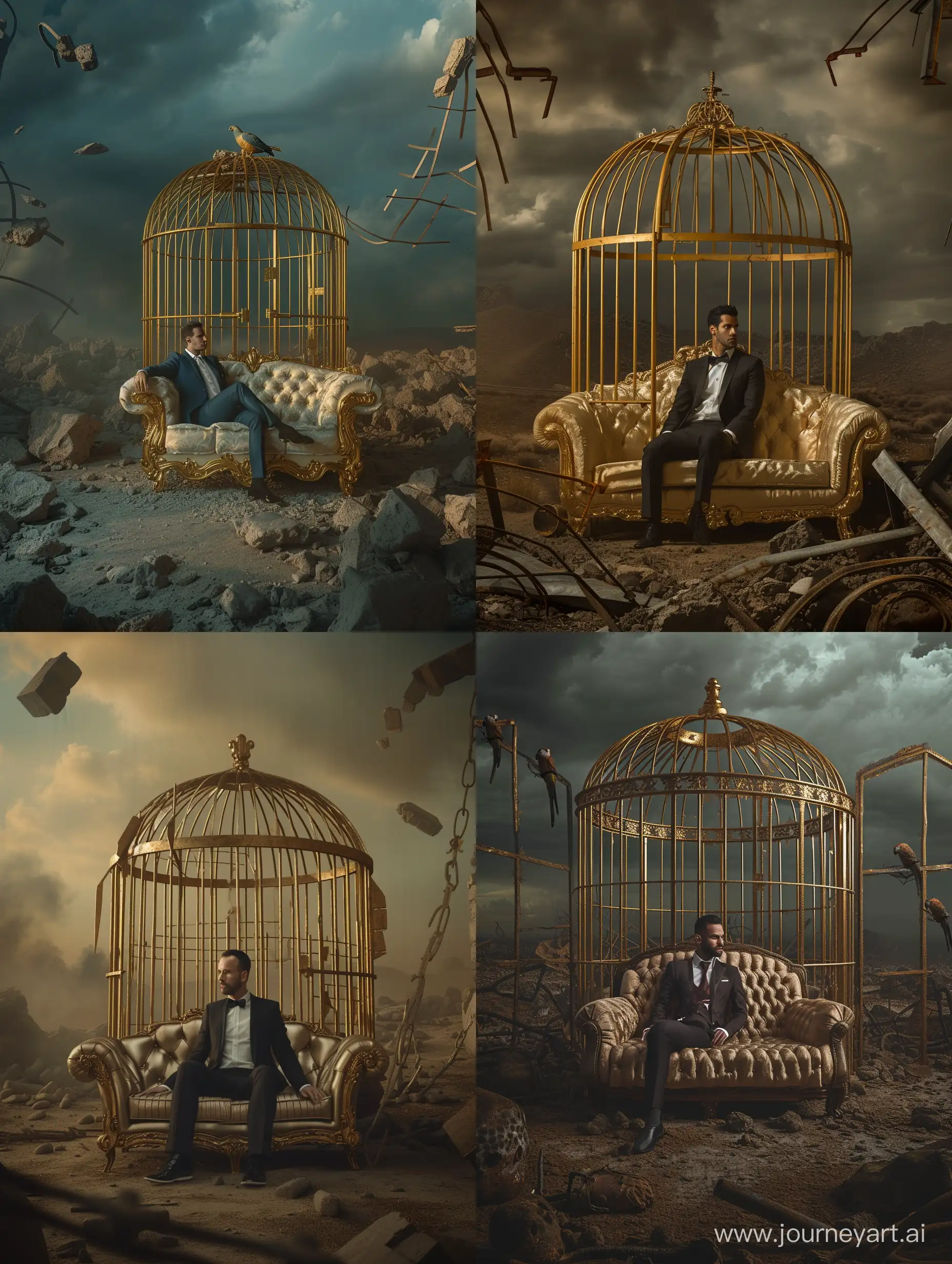 luxury dressed man sitting on the sofa inside the big golden cage which stands among post apocaliptic landscape. photorealistic , dramatic lighting