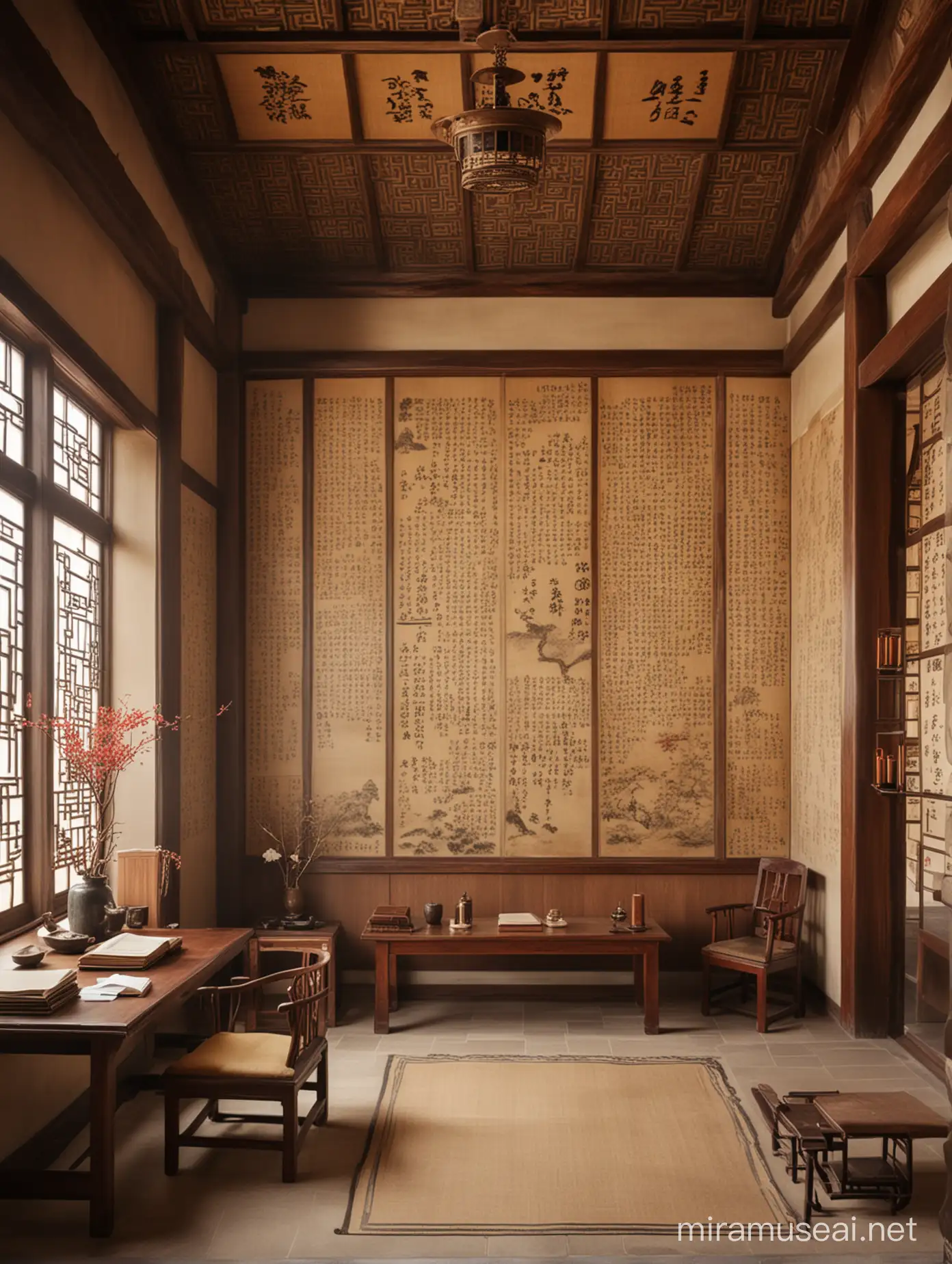 Ancient chinese study room，full wall