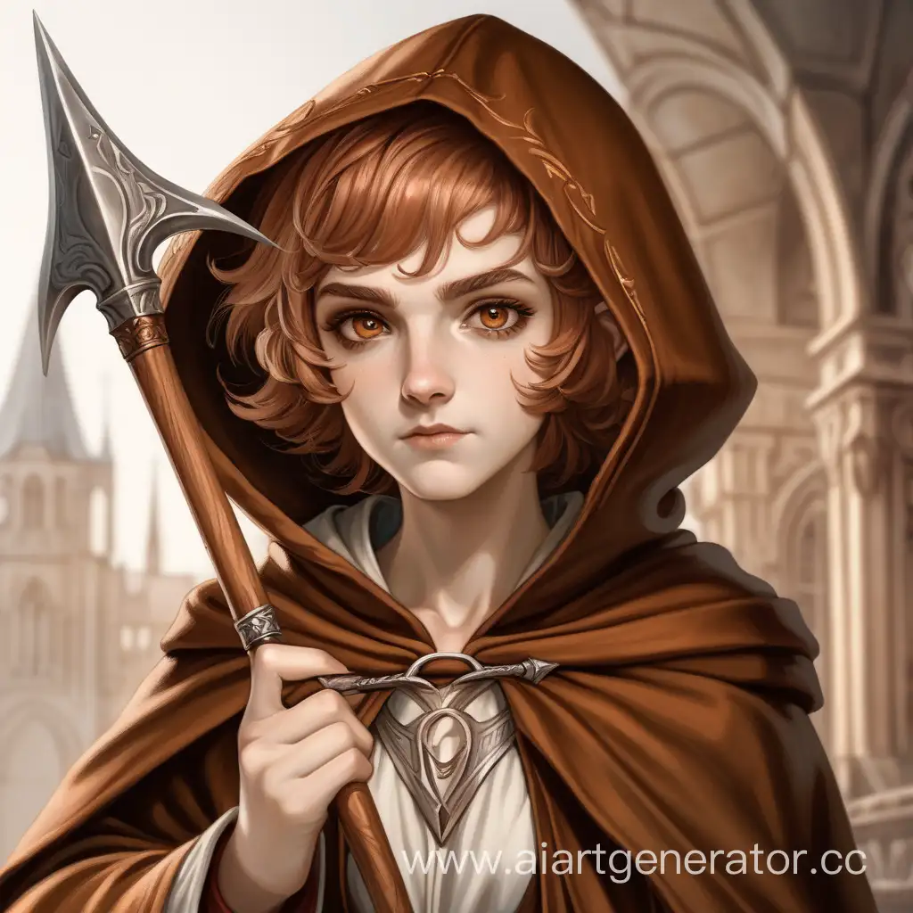 HalfElf-Girl-with-Silver-Eyes-and-White-Mouse-Holding-Sickle-in-Brown-Cloak