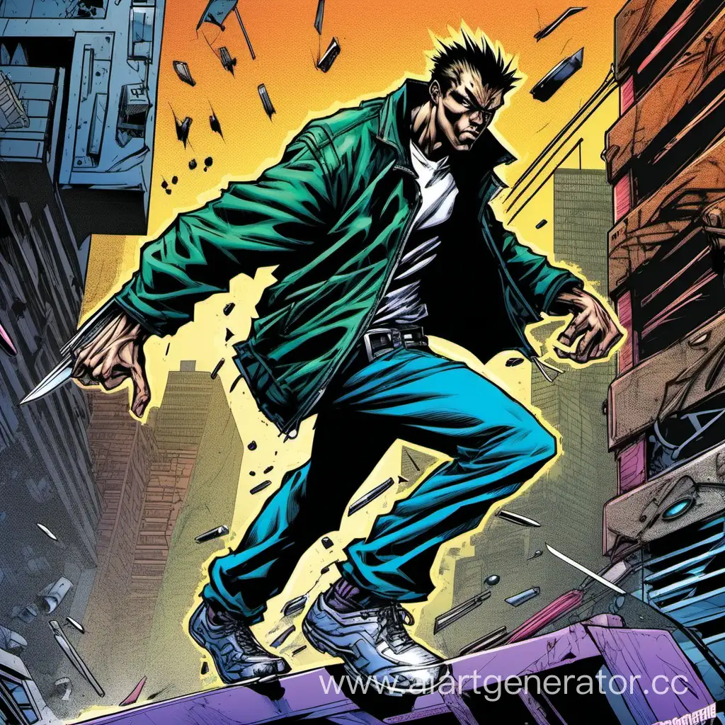 90s comics art, attack move, full height figure, cyberpunk, male parkour runner, hand blades, spyware, violent crazy, aggressive, colored