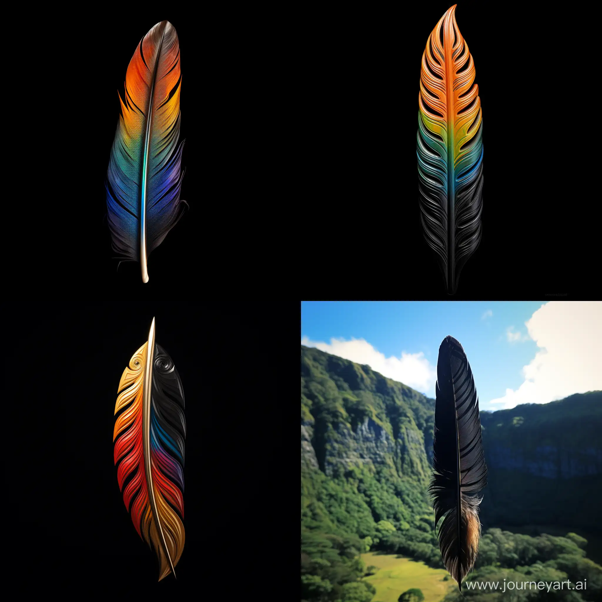 Maori-Huia-Feather-Carving-with-Infinity-Symbol-Rainbow-Brain-and-Taranaki-Mountain