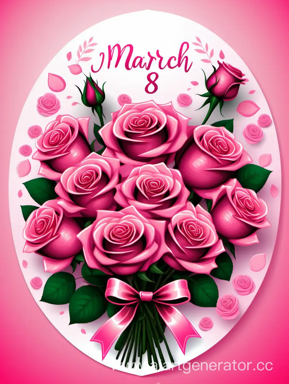 Нарисуй открытку в честь восьмого марта в розовых оттенквх с большим букетом роз, с яркой восьмерка