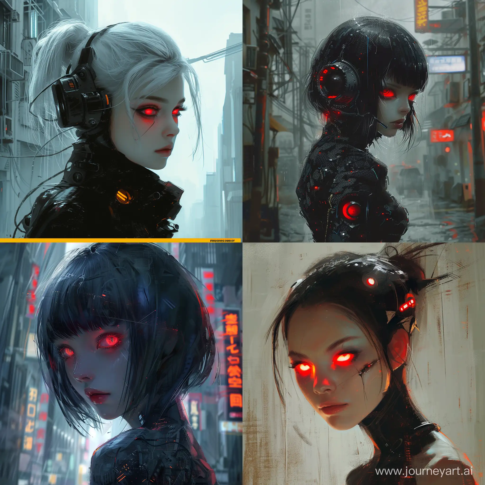 Futuristic-Cyberpunk-Girl-Strolling-with-Striking-Red-Eyes-and-Trendsetting-Hairstyle