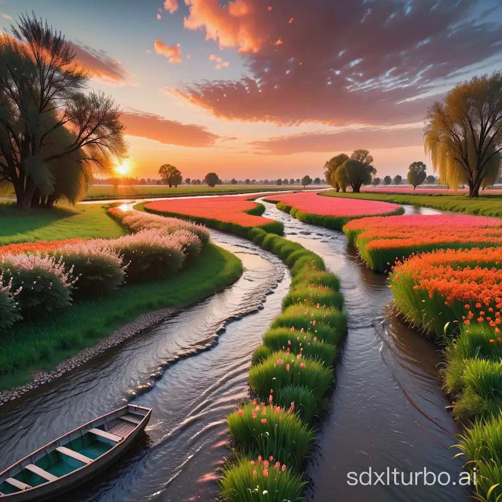 夕阳西下，漫天云朵被染成橙红色，下面是一条流淌的小河，河边有一只静静的小船，小河两岸许多青草和花朵
