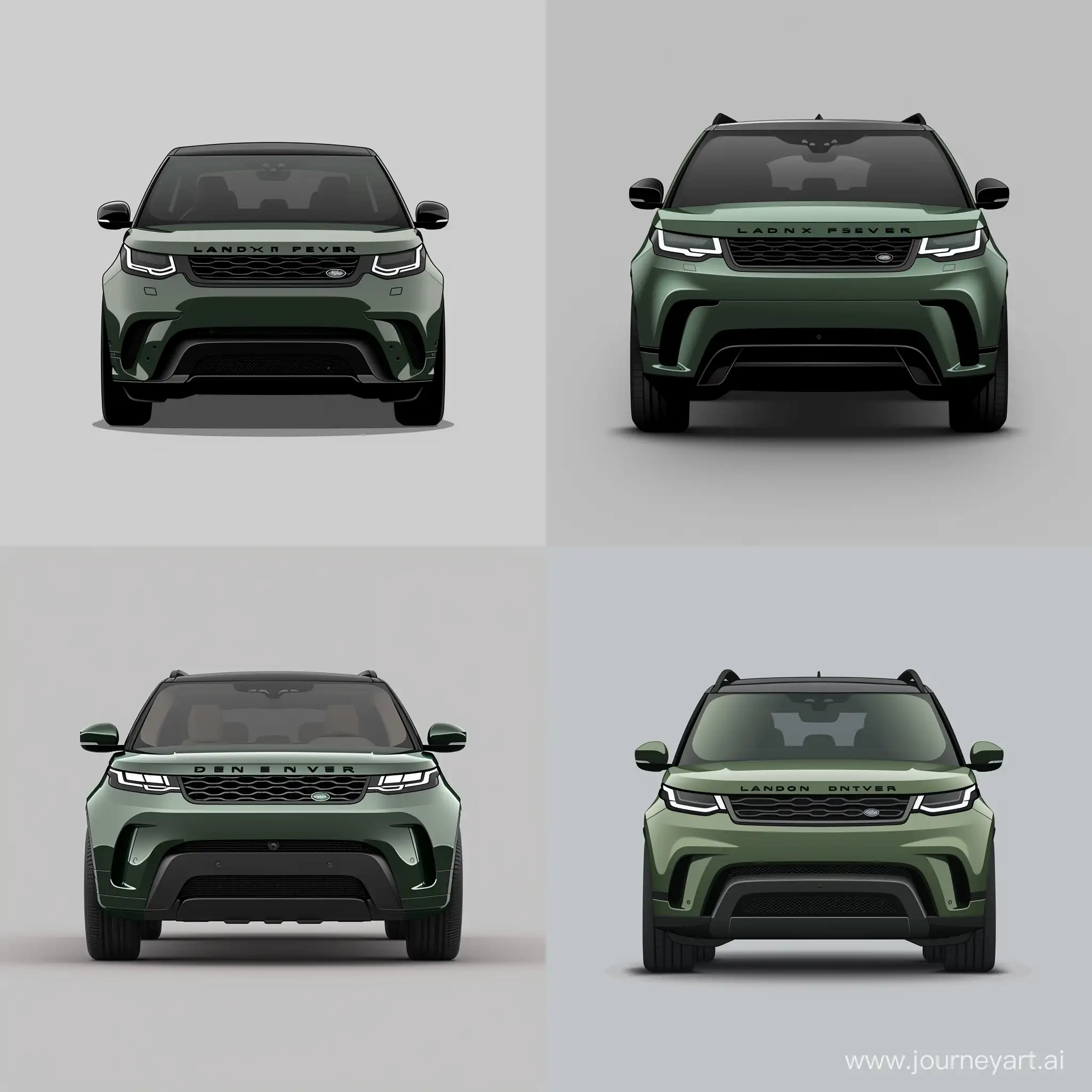 Minimalism 2D Illustration Car of Front View, Landrover Discovery 2023: Dark Green Body Color, Simple Gray Background, Adobe Illustrator Software, High Precision --v 6.0 --s 100