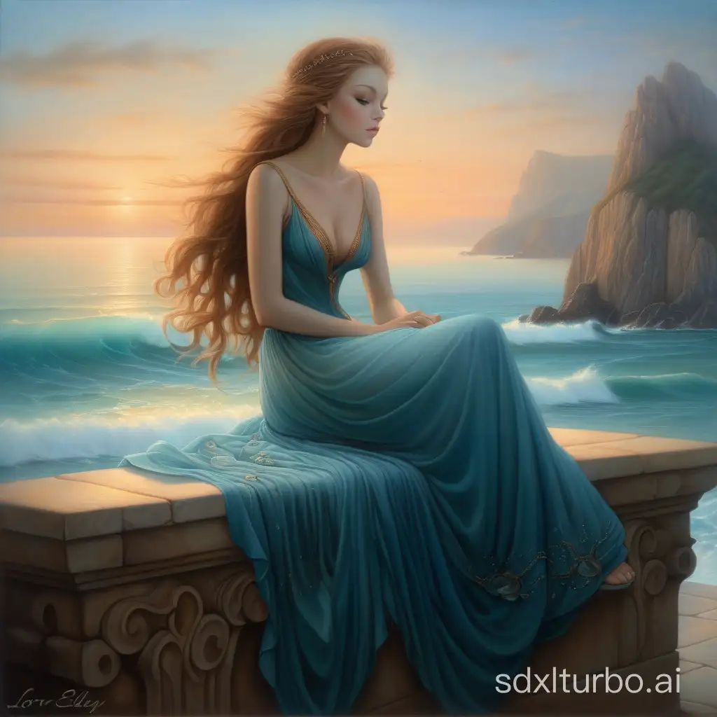 a painting of a woman sitting on a ledge by the ocean, lori earley, rob rey, beautiful maiden, beautiful character painting, inspired by Christophe Vacher, by Christophe Vacher, painting of beautiful, art of edouard bisson, lovely languid princess, at the sea, magali villeneuve', beautiful fantasy painting, a beautiful painting