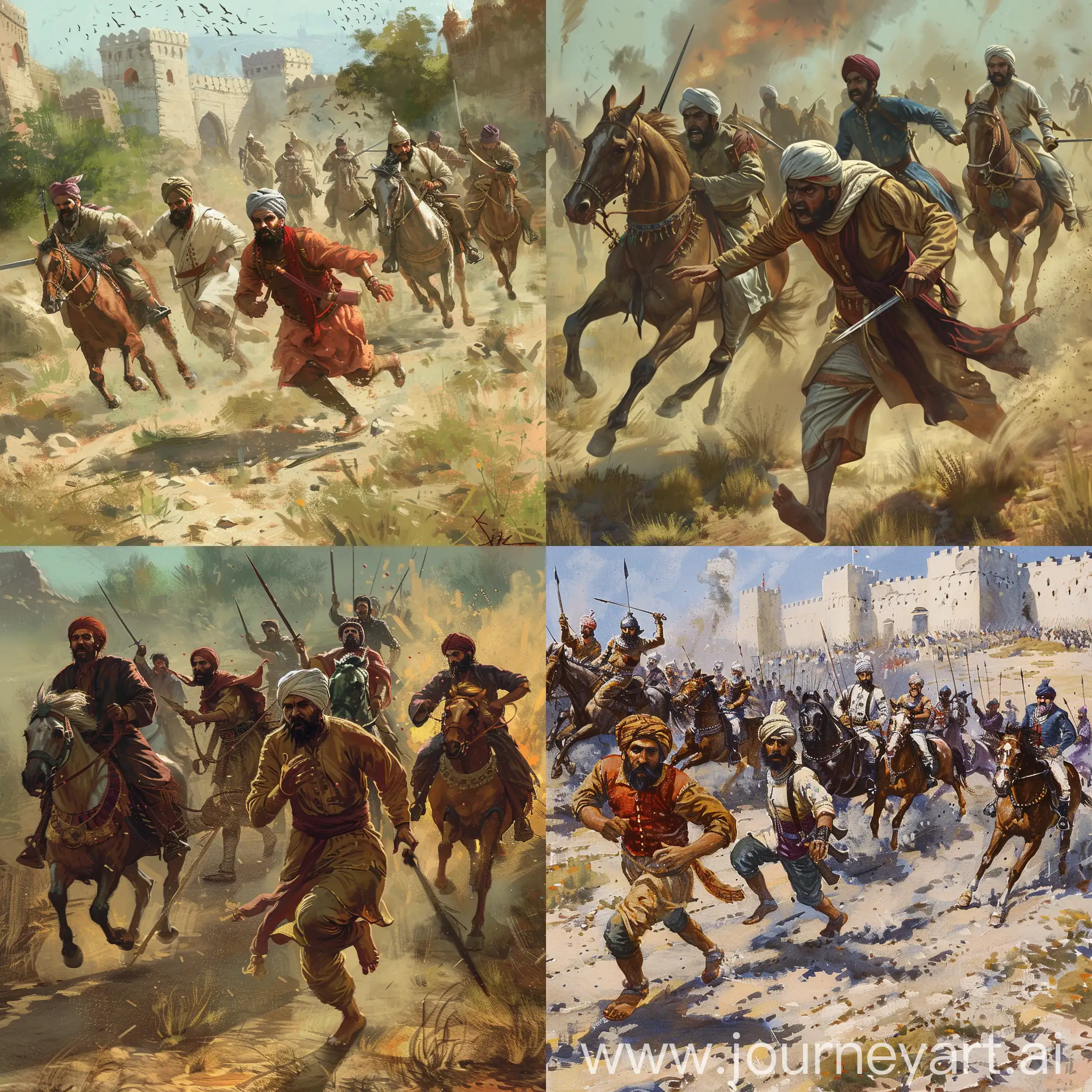 year is 1527 CE. Imagine 10 Mughal soldiers running away scared from the battlefield while 5 rajput horsemen with swords are chasing them.