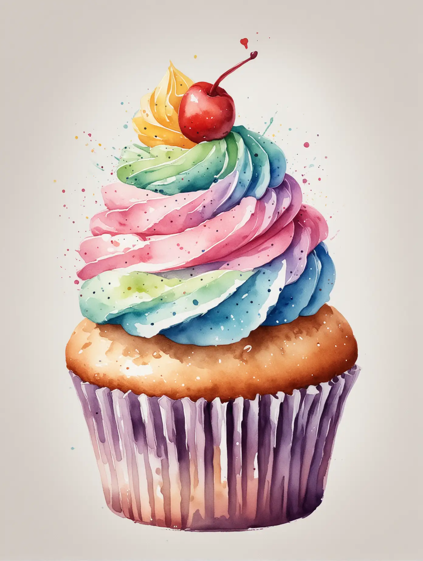 A single cupcake, colourful, watercolour style, no background