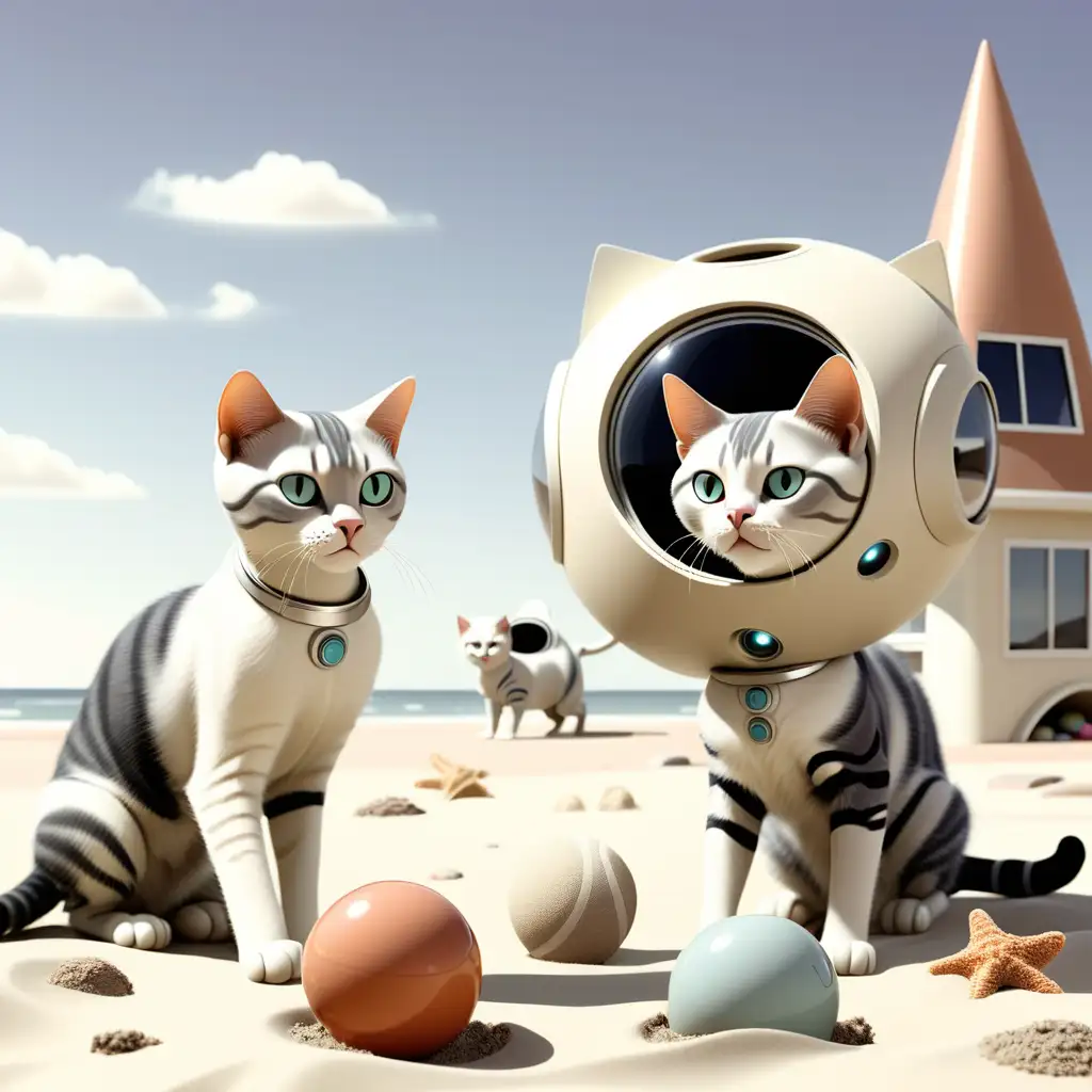 Futuristic Cats Enjoying Beach Playtime near OpenWindowed Beach House