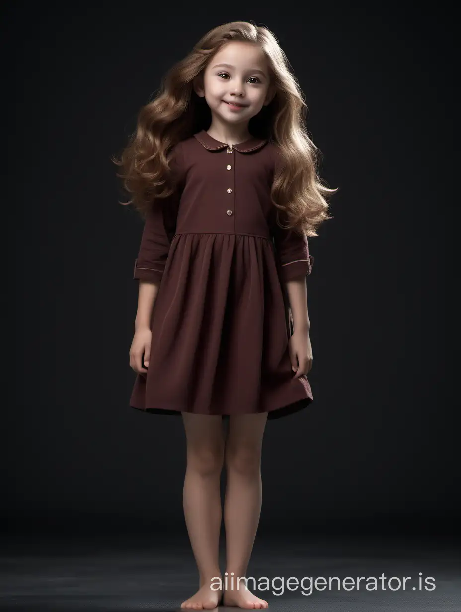 This 10-year-old girl has a slender body with graceful proportions. She has a round head with soft facial features. Her round eyes, hazel in color, radiate joy and curiosity. Her small nose is slightly upturned, giving her a friendly look. She has full, gentle lips that are often adorned with a cheerful smile. This girl's hair is long and thick, dark chestnut in color. It cascades down her back in soft waves, creating an elegant look. Her hair also has a natural shine and softness., 8K UHD, full body in image, A girl stands in an elegant pose with one leg forward, looking into the distance with a slight smile, her hair blowing in the wind.