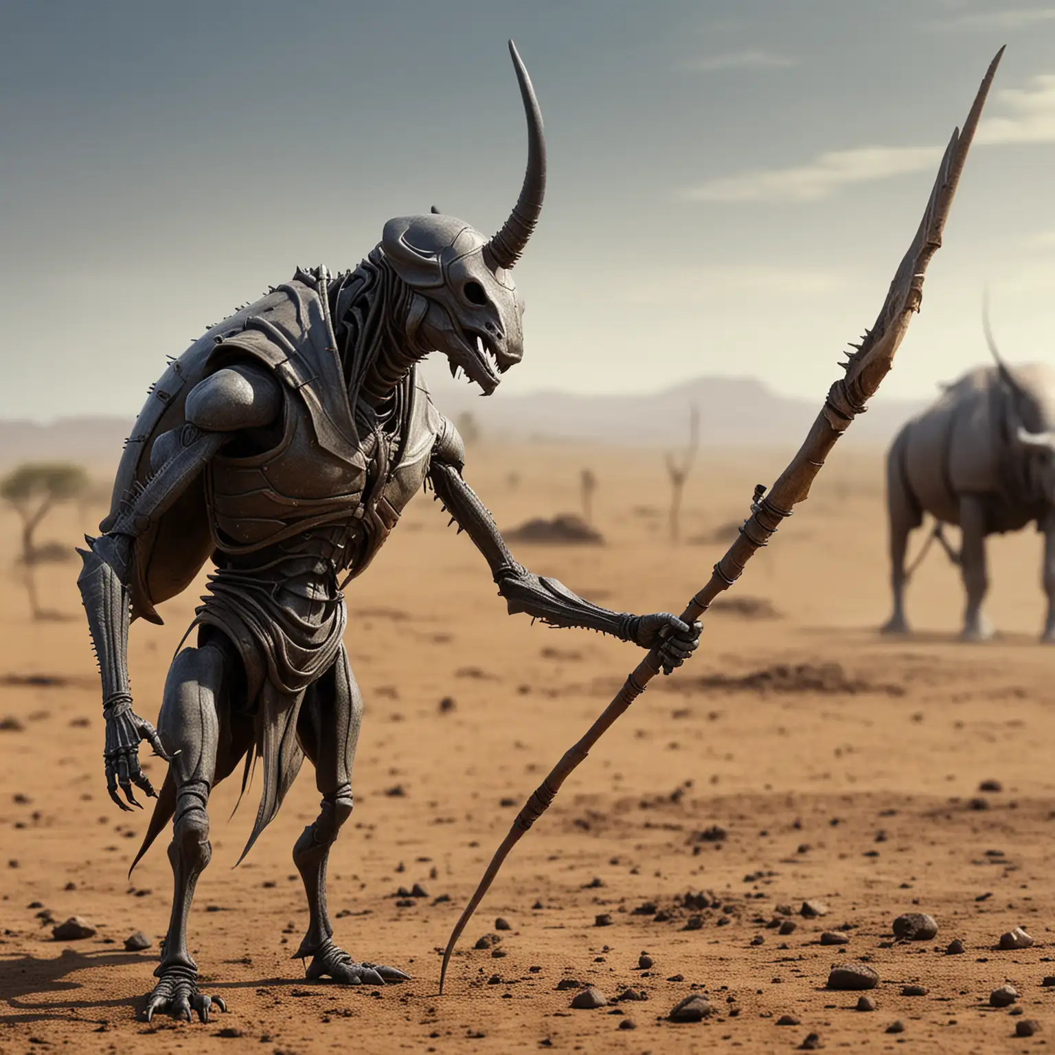 skinny, humanoid beetle, holding spear, on a battlefield, rhinoceros horn