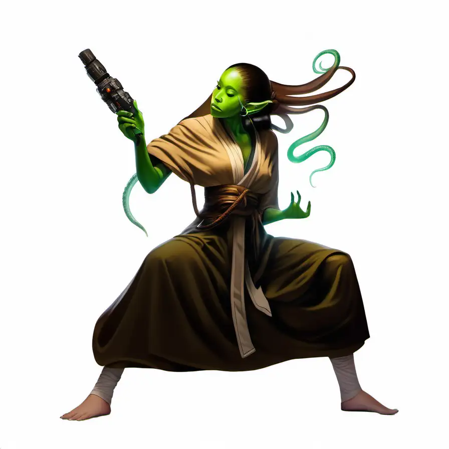 beautiful young woman, green skin, head tentacles, monk robe, white background, Star Wars art