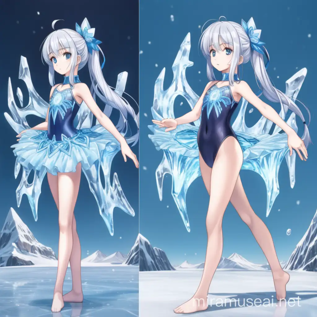 Anime Ice Girl in Leotard Poses with Frosty Background