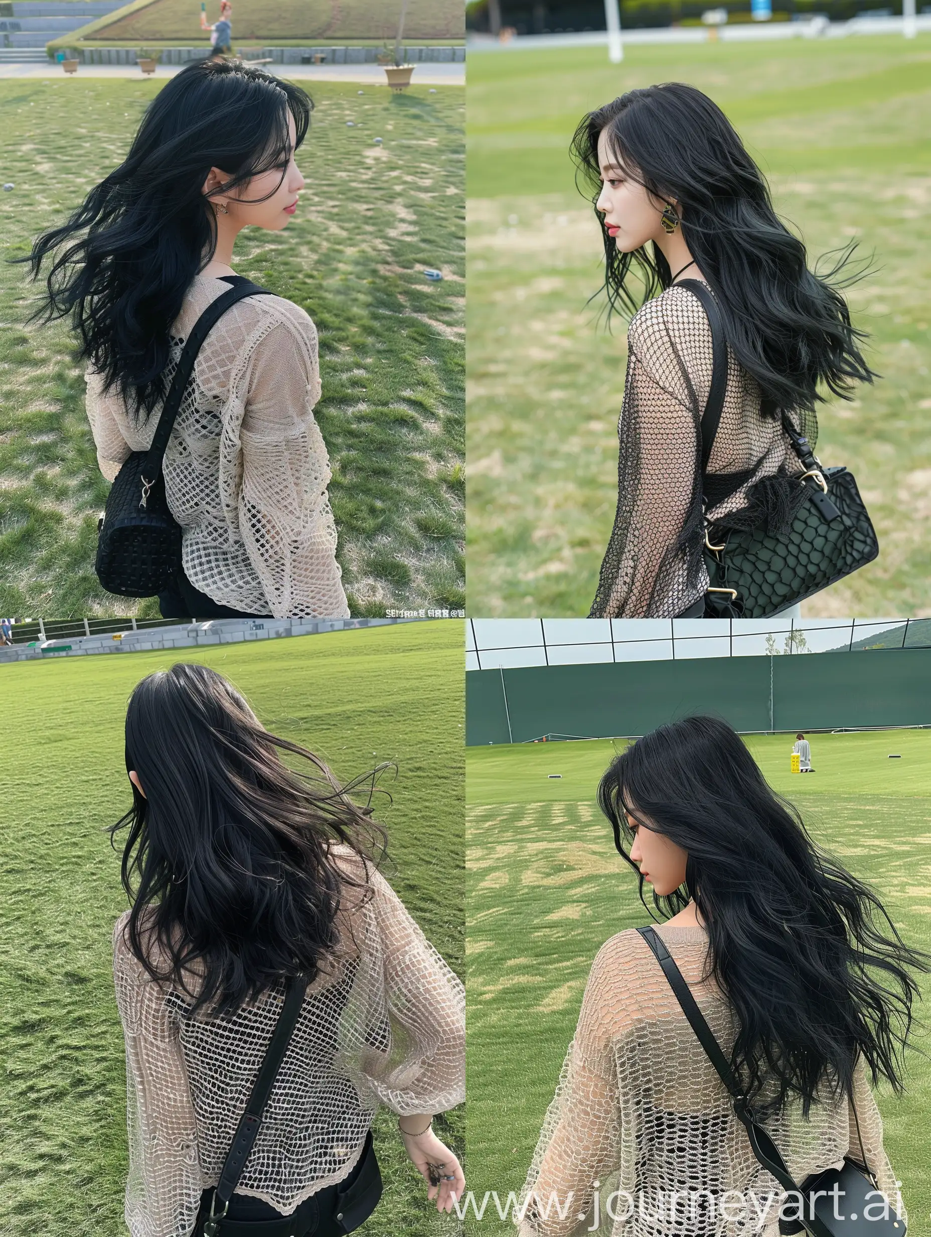  aestethic selfie, blackpink's jennie, walking on a grass, back body, medium black hair, wavy,  wearing net cardigan, black shoulder bag --ar 3:4