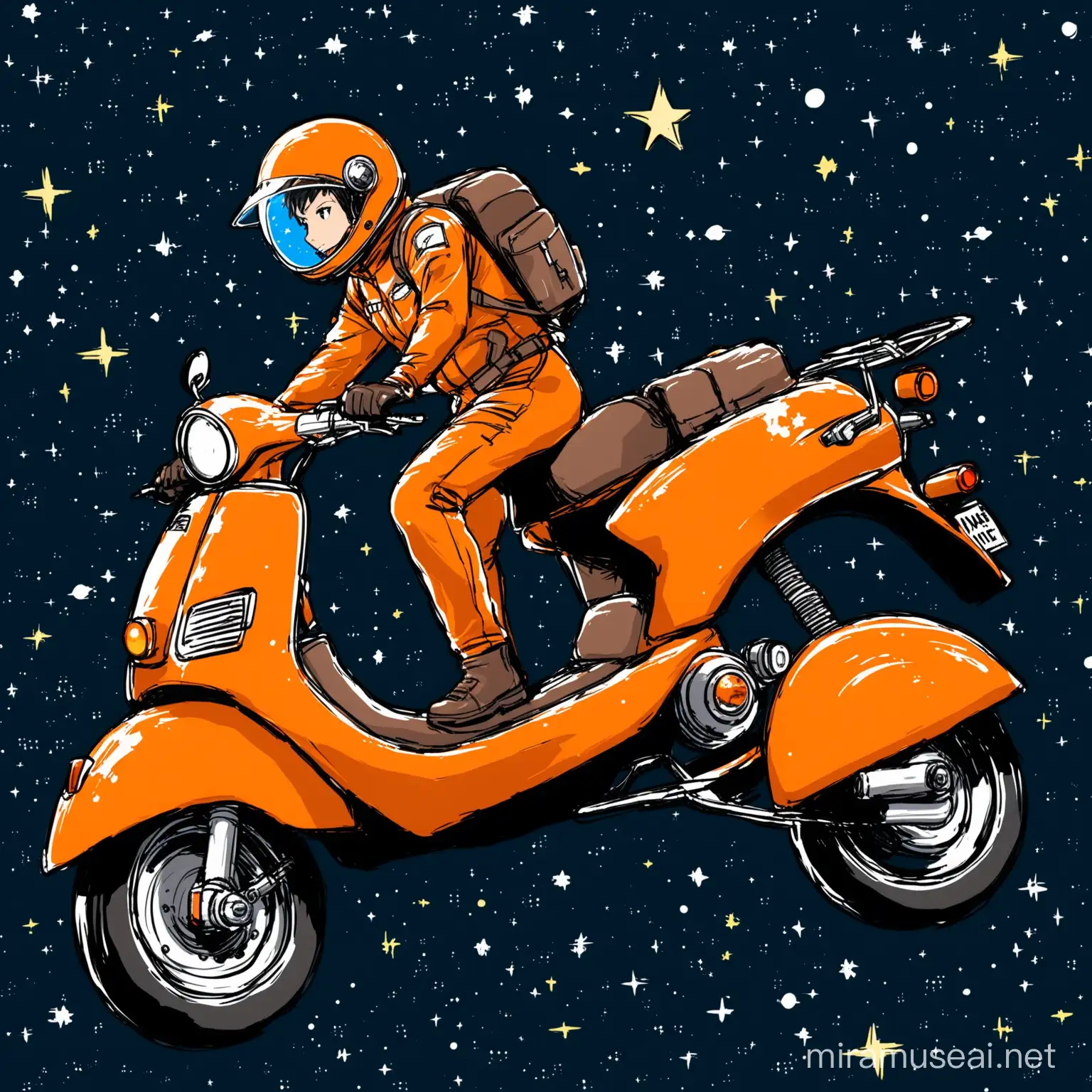 Can you draw me a moto-courier that has orange scooter in a outer space where stars are really bright.
