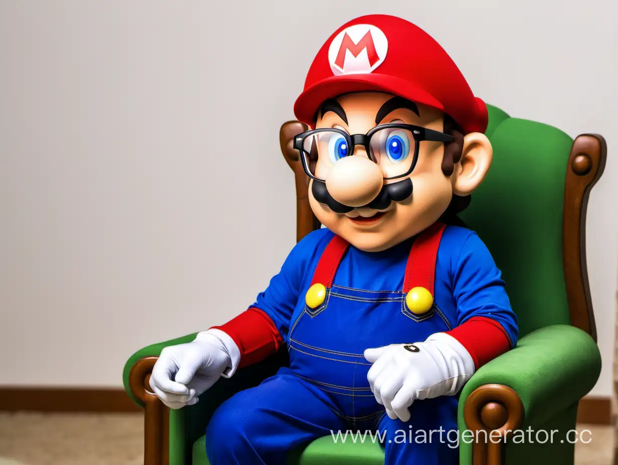 Mario is wearing glasses  sit on chiar