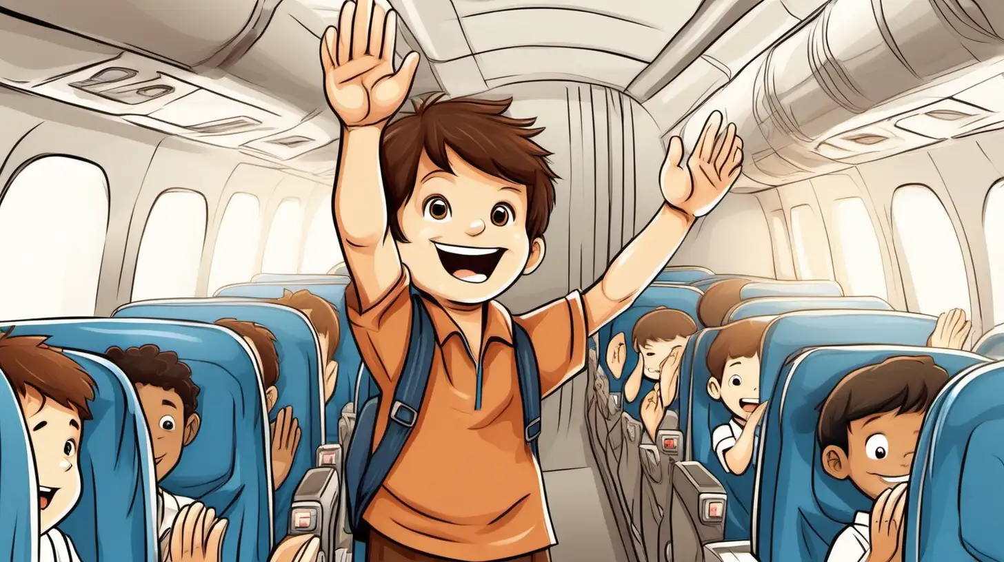 illustrate a ten years old brown hair boy  clapping his hands with joy in the airplane
