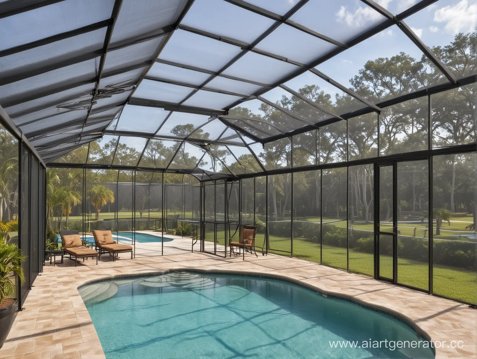 American house in Florida with screen porch, pool cage, black mesh, bronze profile
