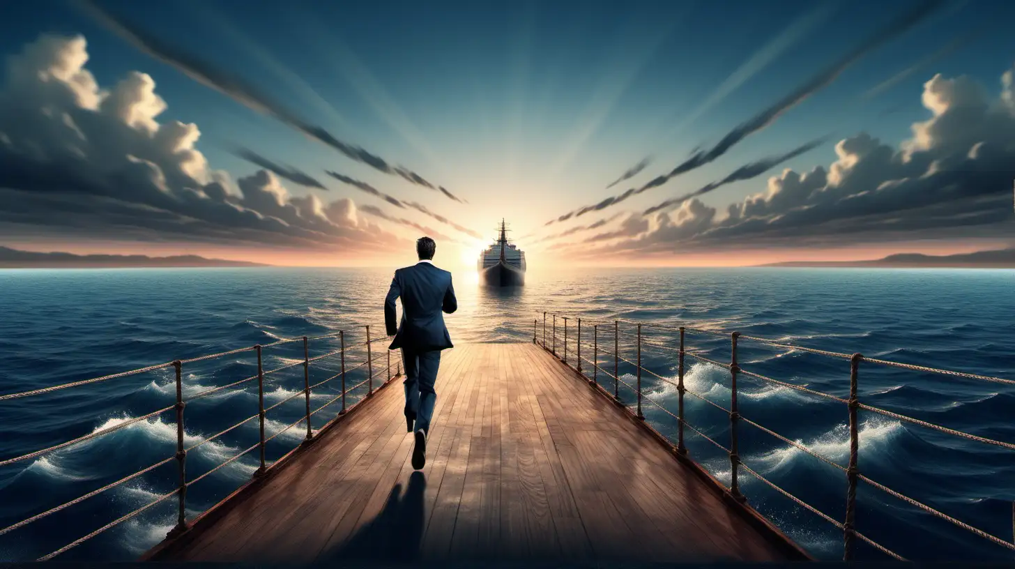 ship sailing away towards the horizon, water marks behind it, a person with business suit running and chasing the leaving ship on a dock, super realistic, blue tones sunset