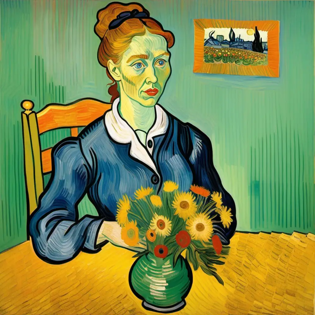 Elegant Woman Admiring Flowers at Round Table Van Gogh Style Art