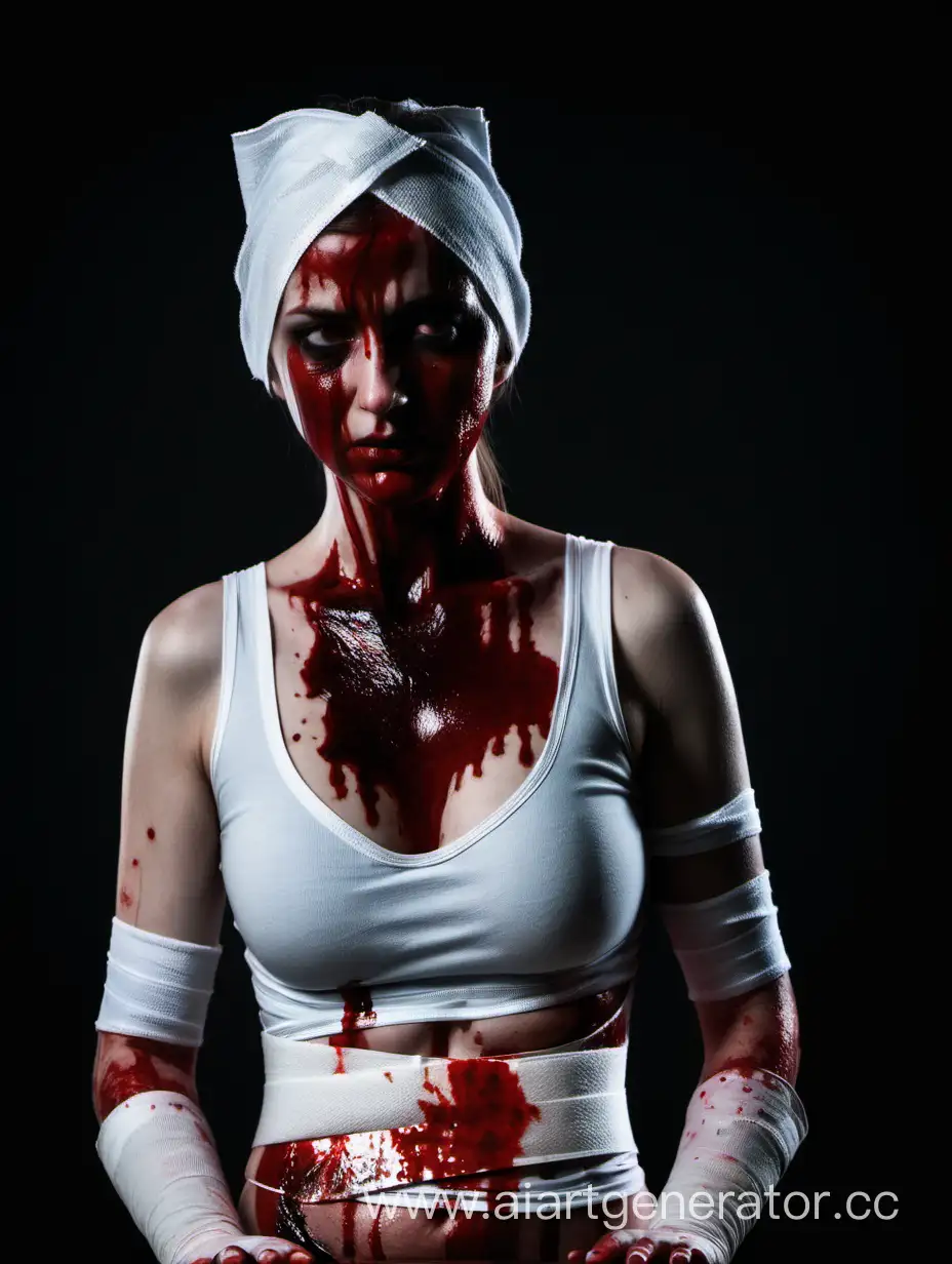Woman-in-BloodStained-Bandages-on-Dark-Background