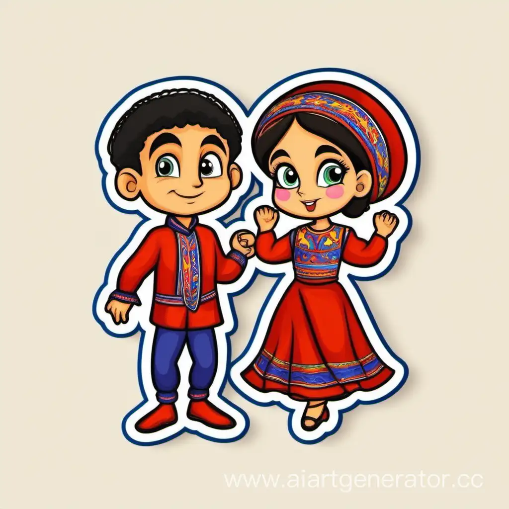 Armenian boy and girl dancing, sticker, cartoon style, boy and girl in Armenian national costumes