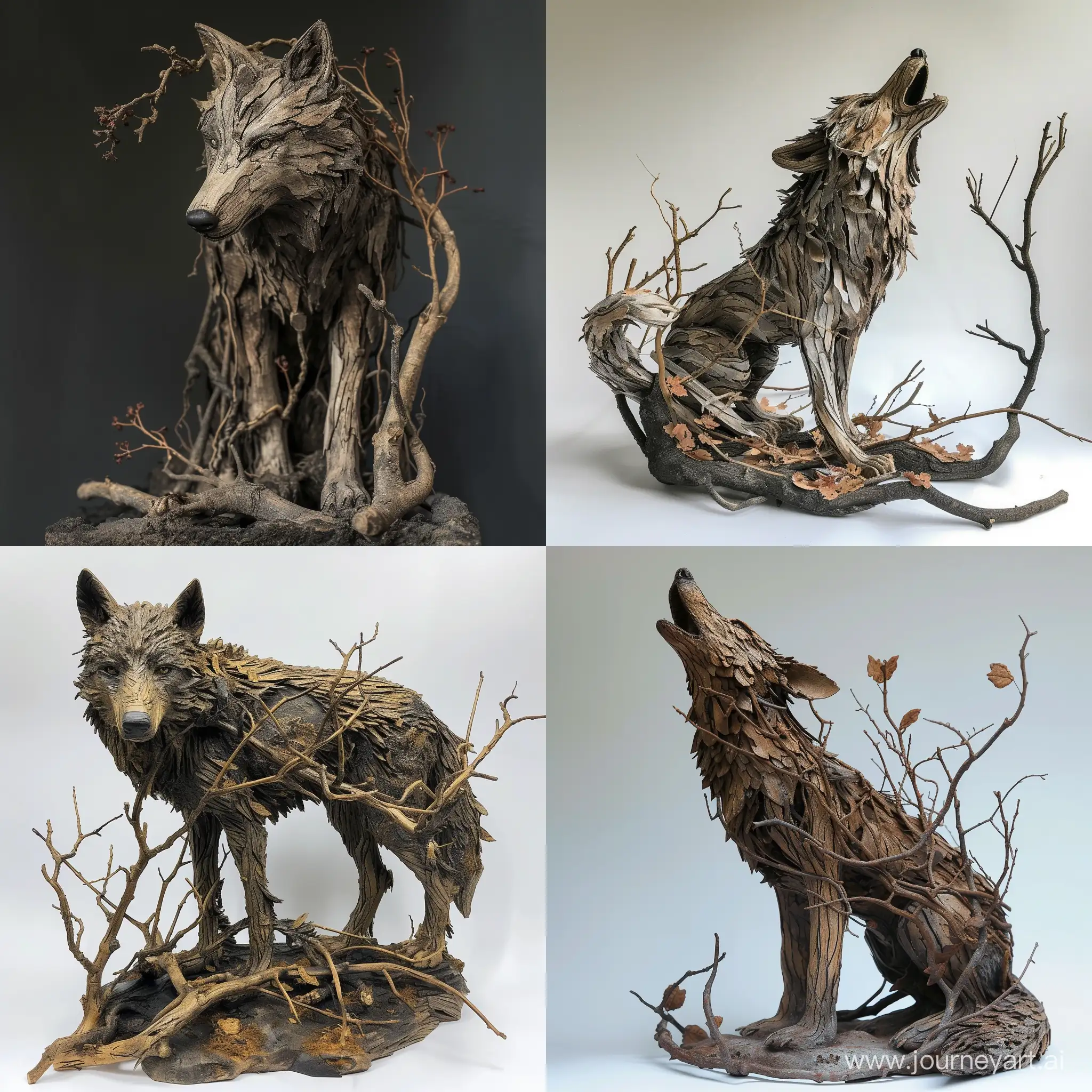 Wolf statue, made of wood and branches, dark fantasy