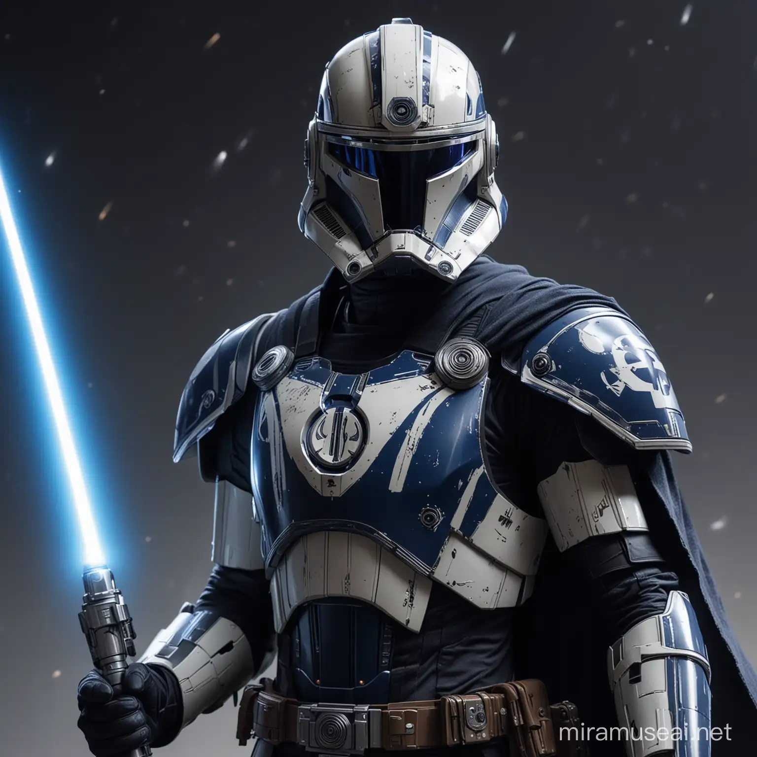 Star Wars Inspired Jedi Sentinel in Dark Blue Armor with Futuristic Detail