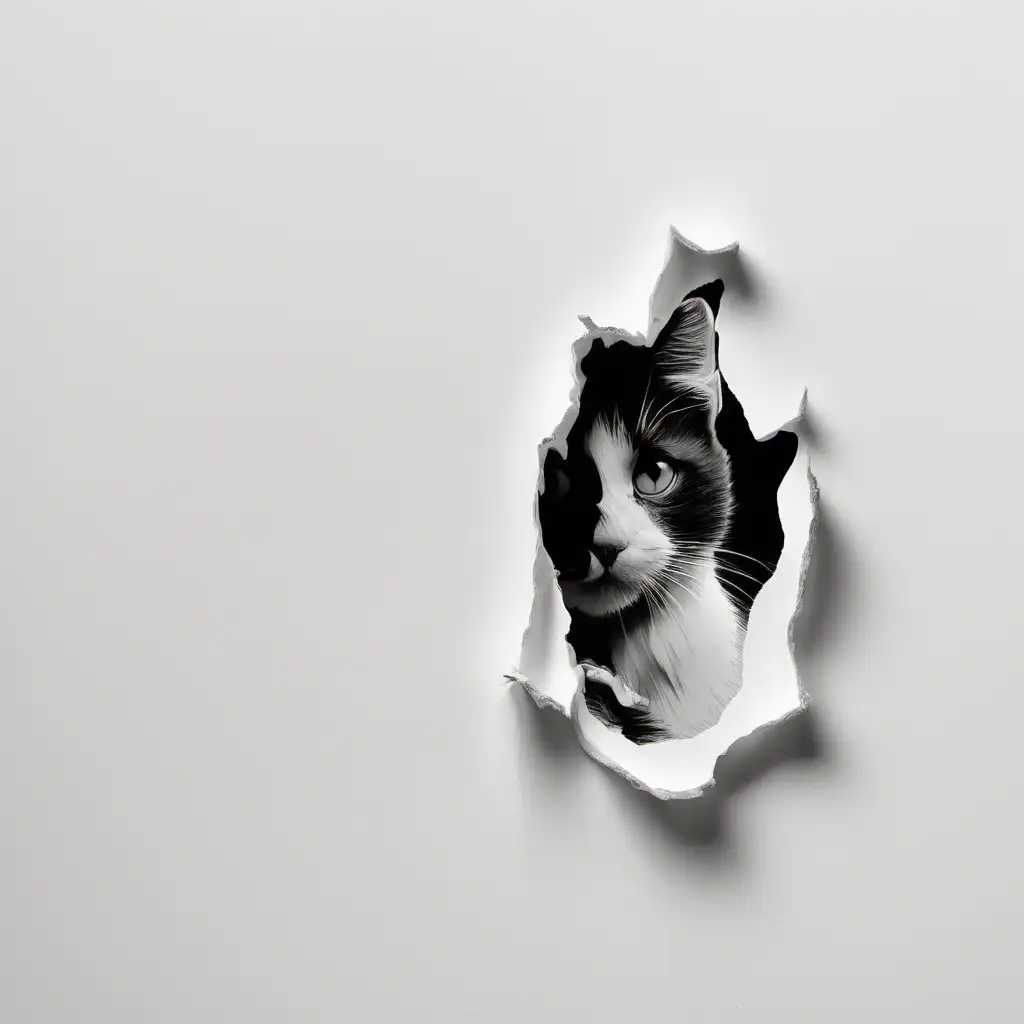 Curious Black and White Cat Peeking Through Ripped Backdrop