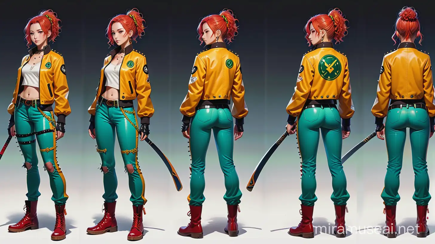 Concept art, jacket jacket with studs, group of characters, formal jacket with belt inserts, concept art, character options, lots of detail, baseball bat, sage background, granular style, full body, yellow eyes, sage jacket with belts, cyberpunk, beads on the neck, red aura, short yellowish curly hair, intricate details, blue pants, white high boots with green soles.