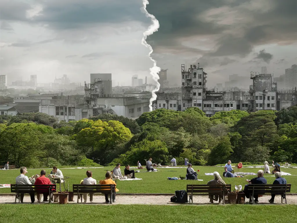 на переднем плане люди отдыхают на природе, на заднем фоне загрязненный город 