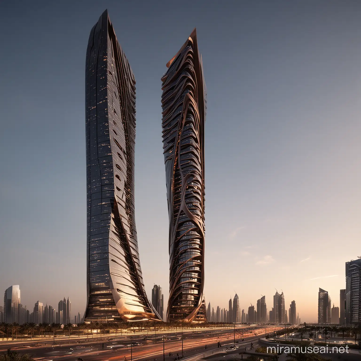tower concept,zaha hadid,black and copper,dubai,very tall,luxe,form,wall,curv
